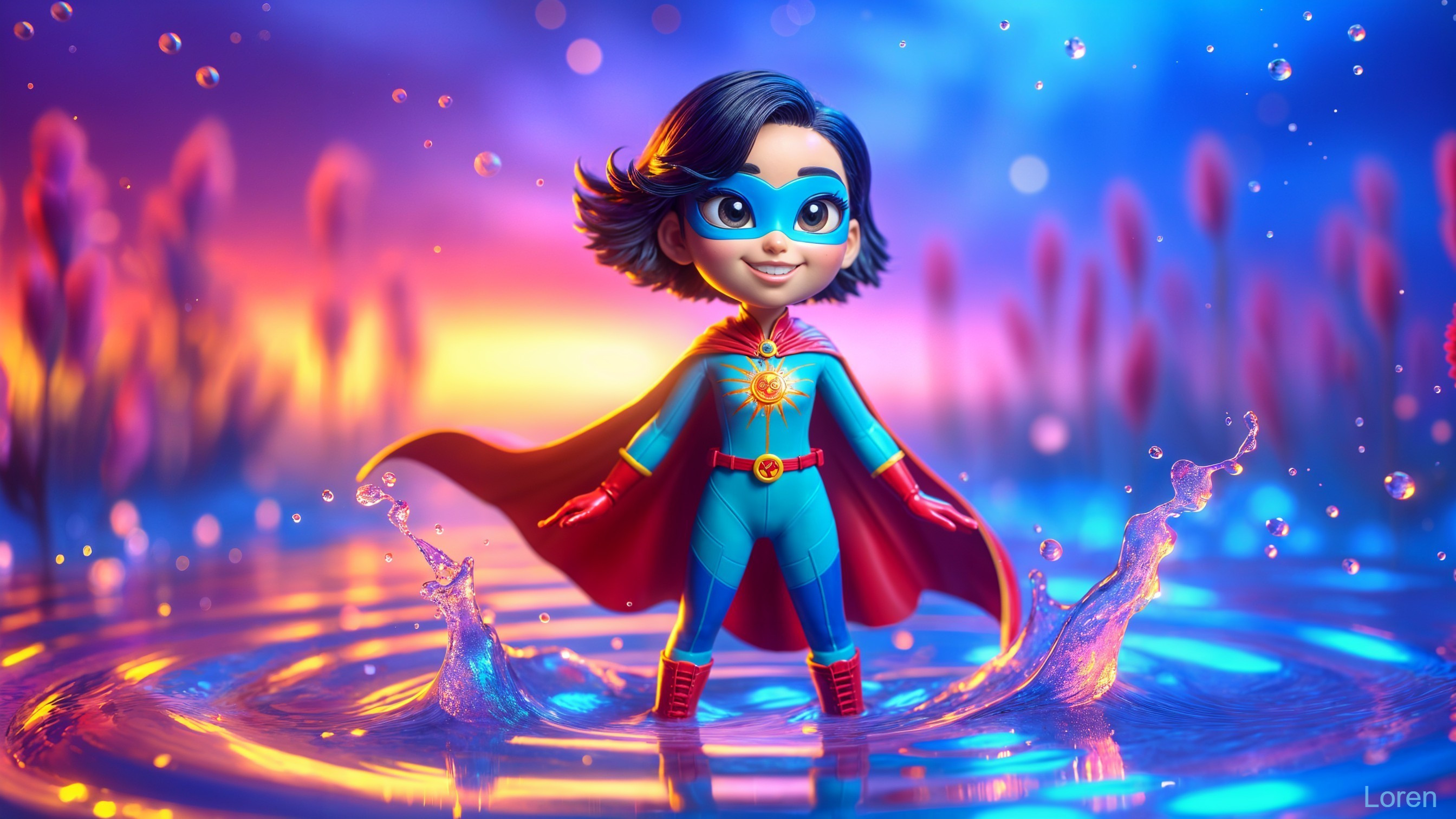 Colorful Superhero Character in Dreamy Landscape