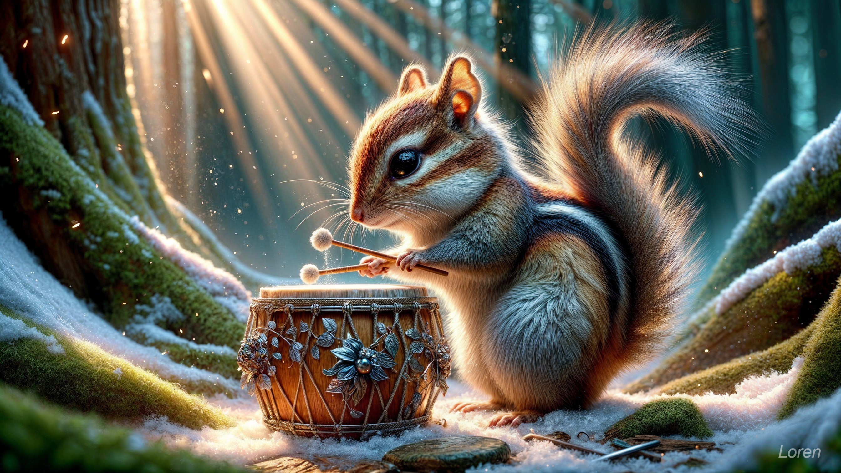 Squirrel Playing Drum in Snowy Forest Setting