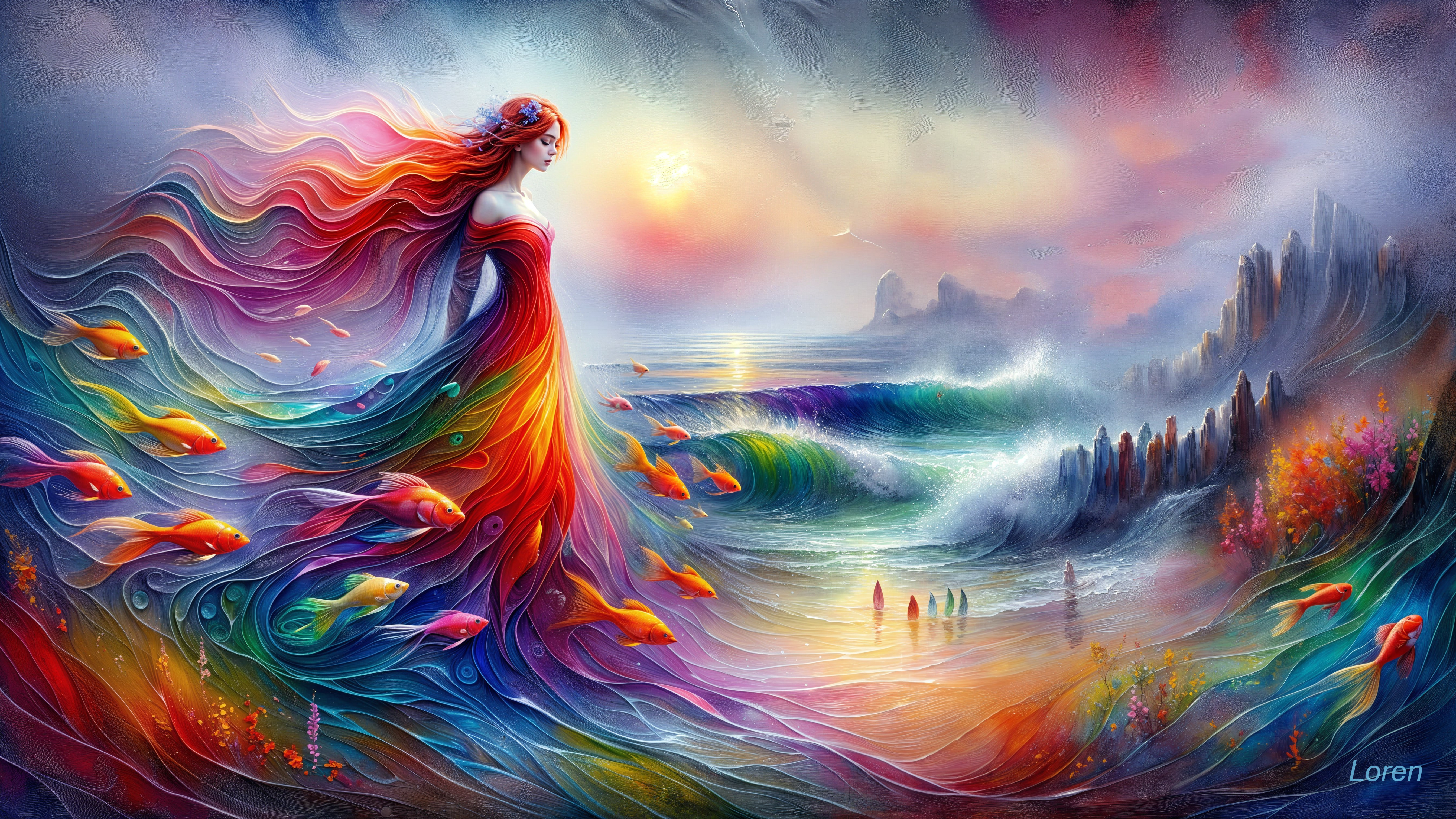 Vibrant Mermaid Figure by Serene Ocean Shoreline
