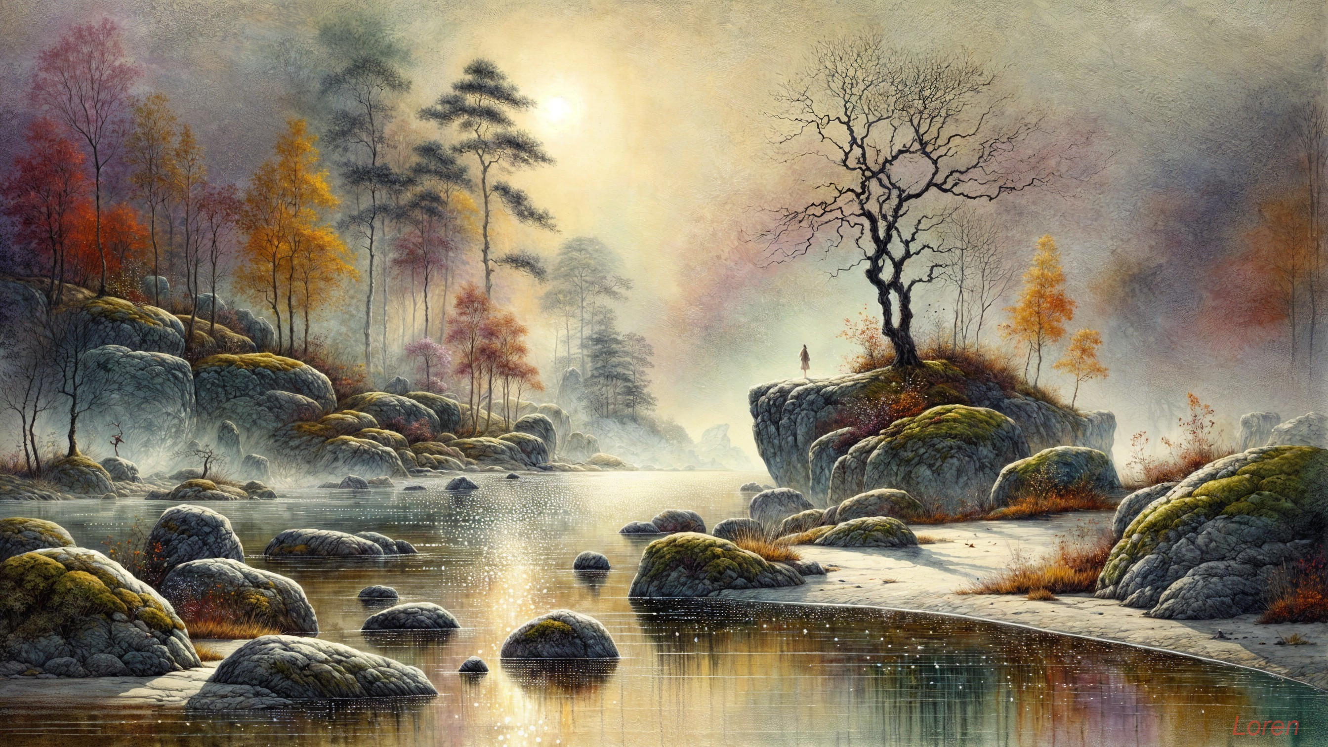 Serene river landscape with autumn trees and fog