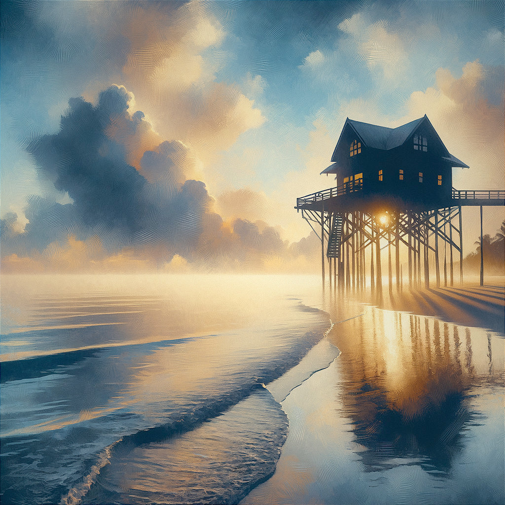 Coastal Scene with Stilted House and Vibrant Sky
