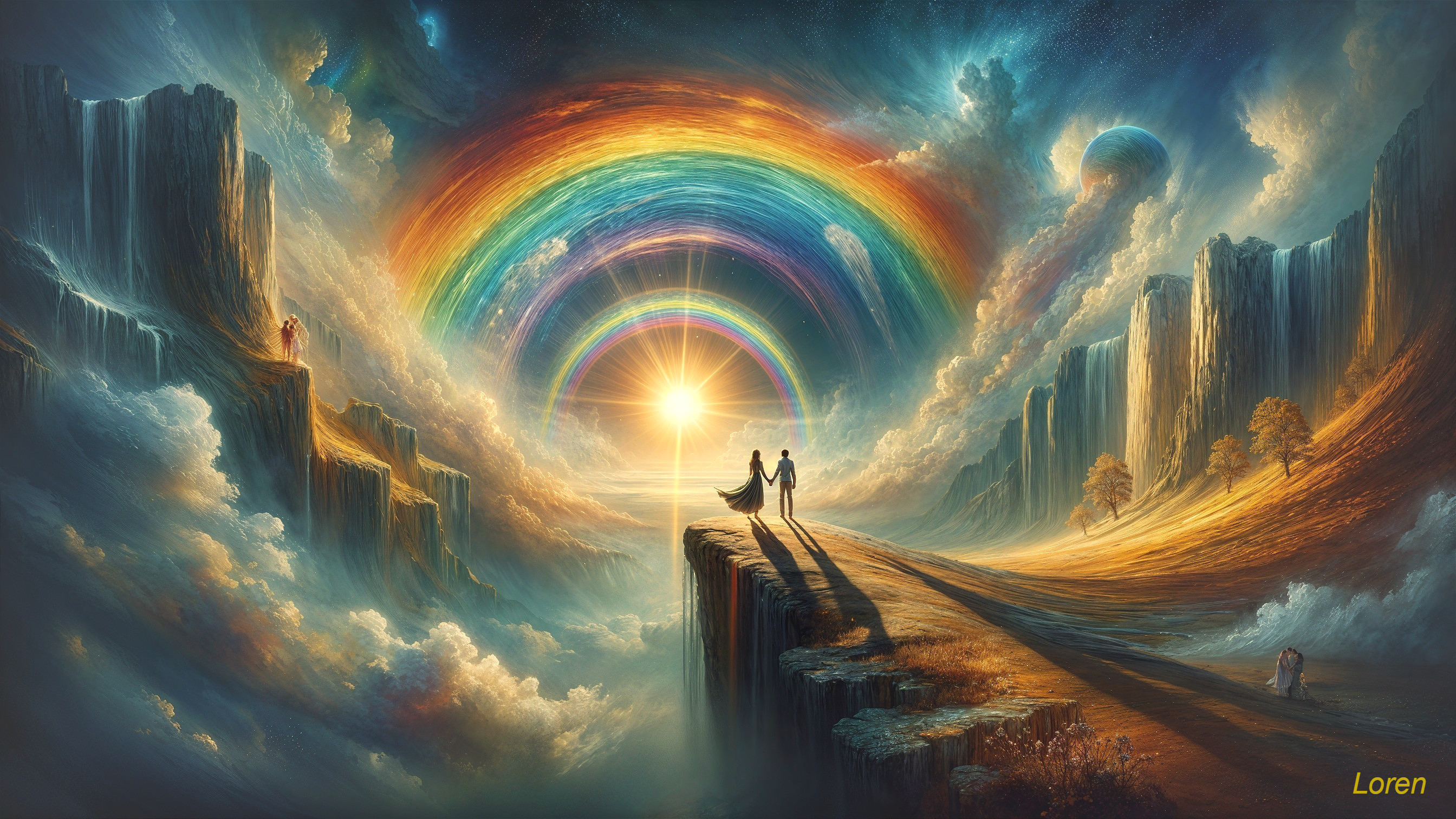 Rainbow Over Cliffs with Silhouetted Figures and Planets