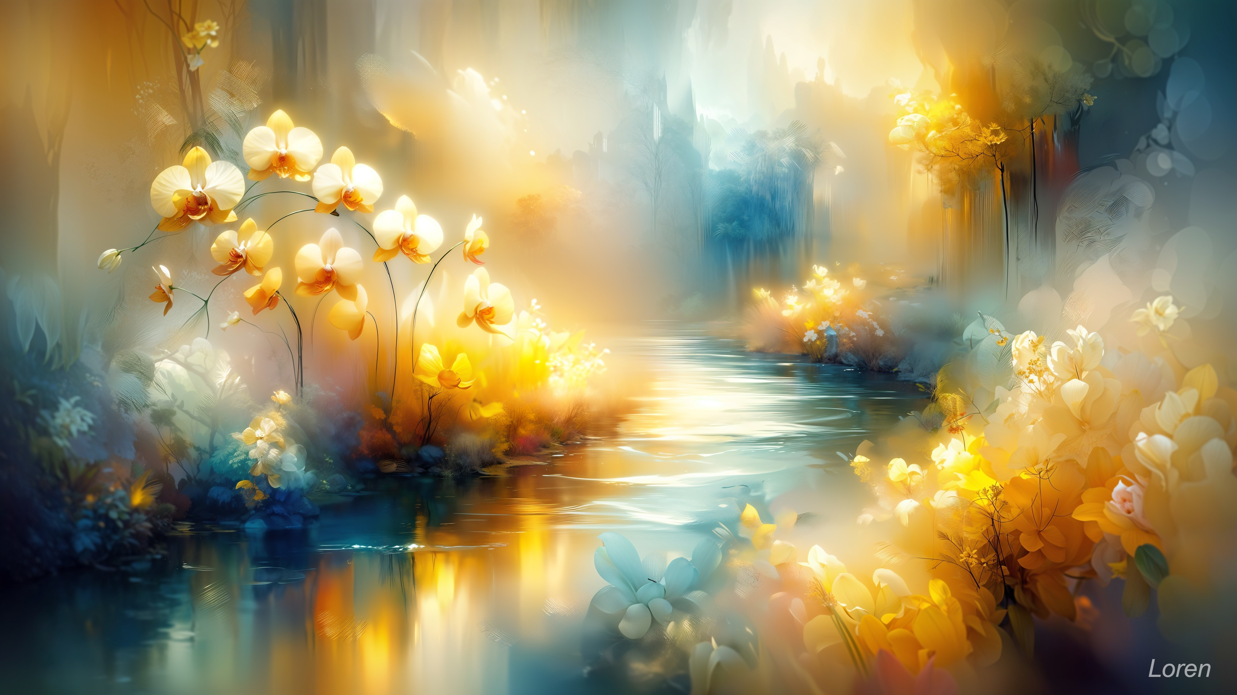 Tranquil River Scene with Lush Greenery and Orchids