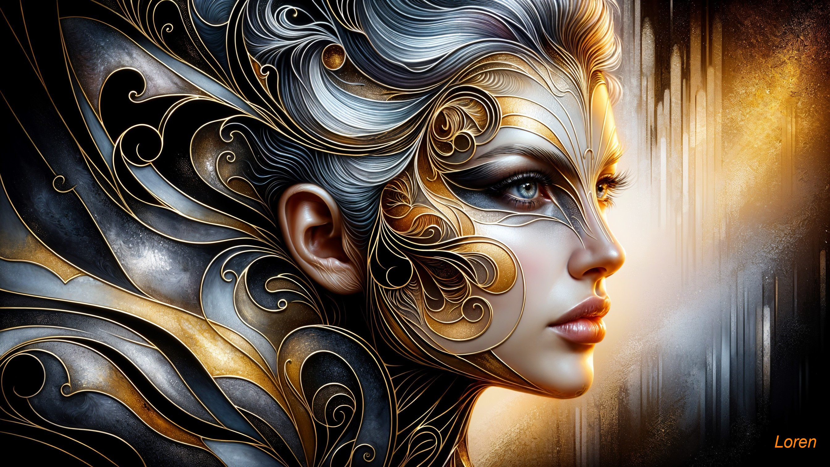 Artistic Portrait of a Woman with Metallic Patterns