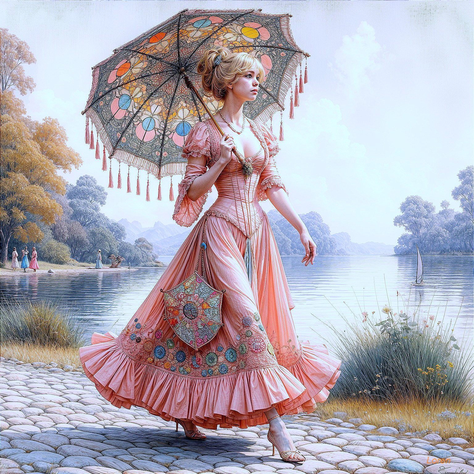 Young woman in pastel dress by serene lake path