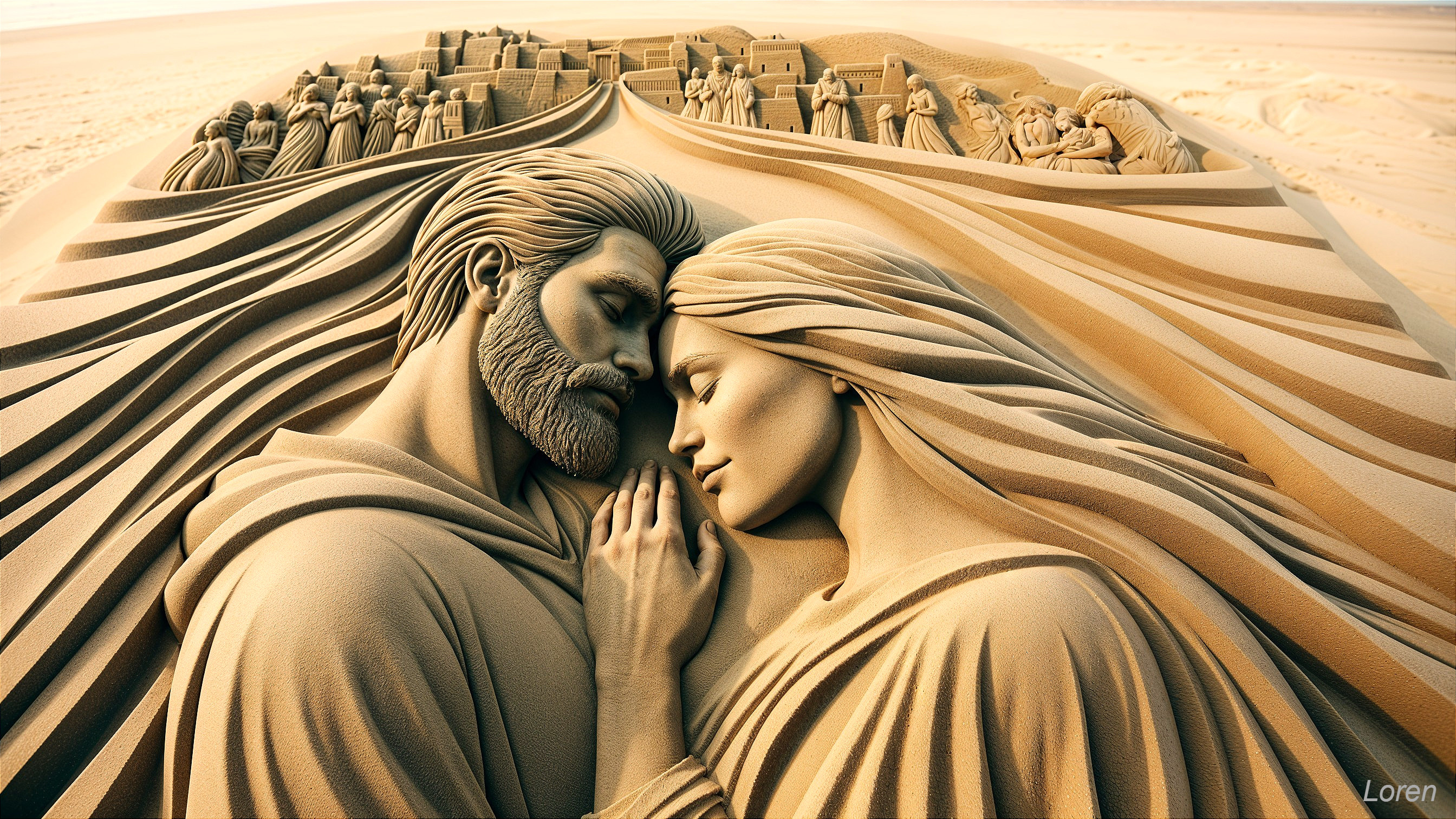 Sand Sculpture of Embracing Couple with Detailed Features