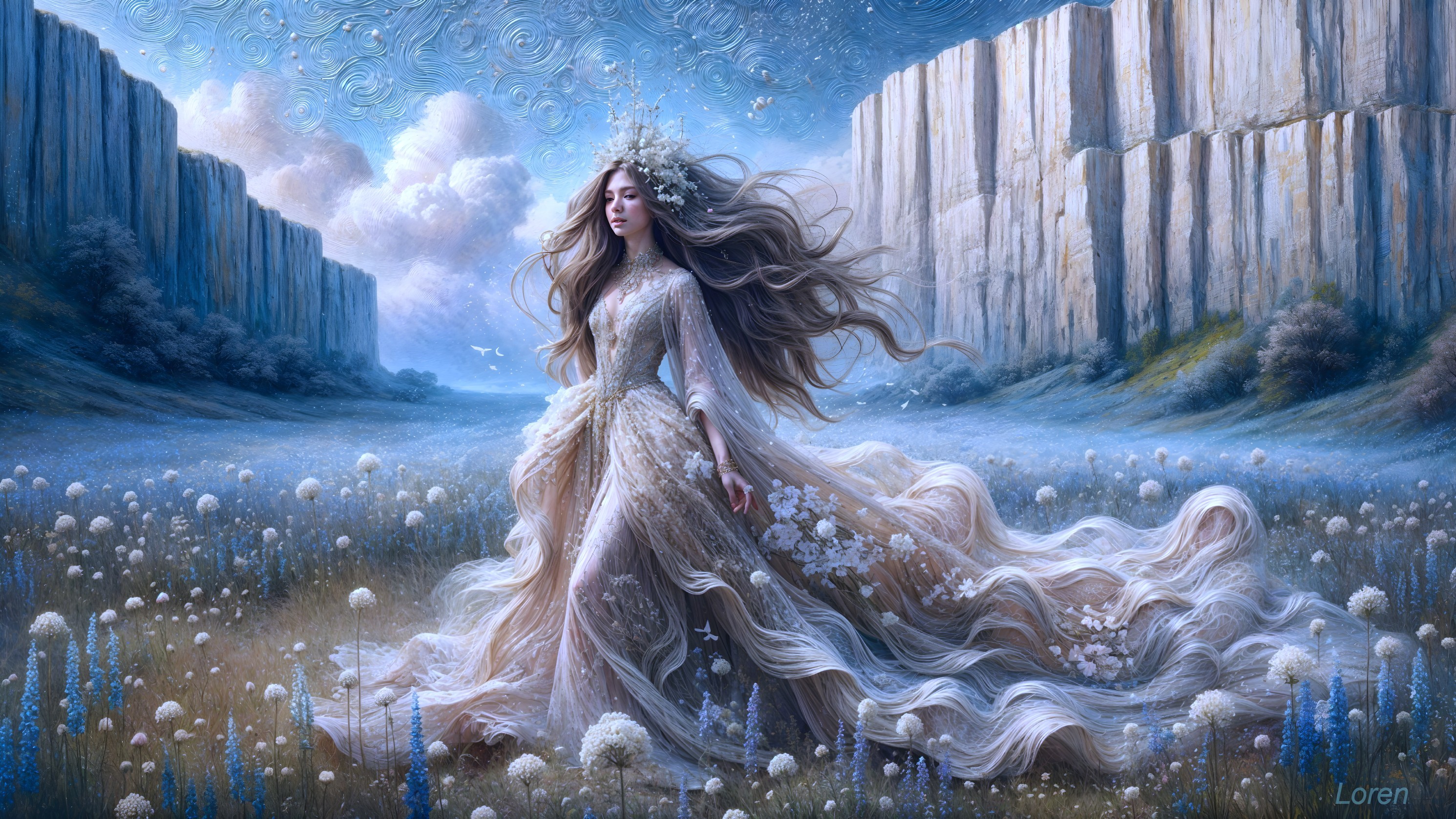 Woman in Ethereal Gown Walking Through Dreamlike Landscape