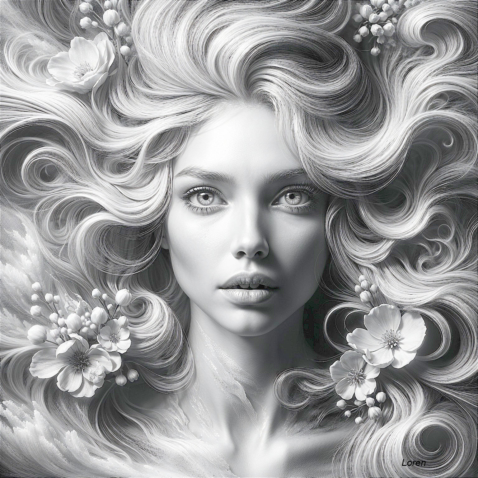 Monochrome Portrait of a Young Woman with Flowers