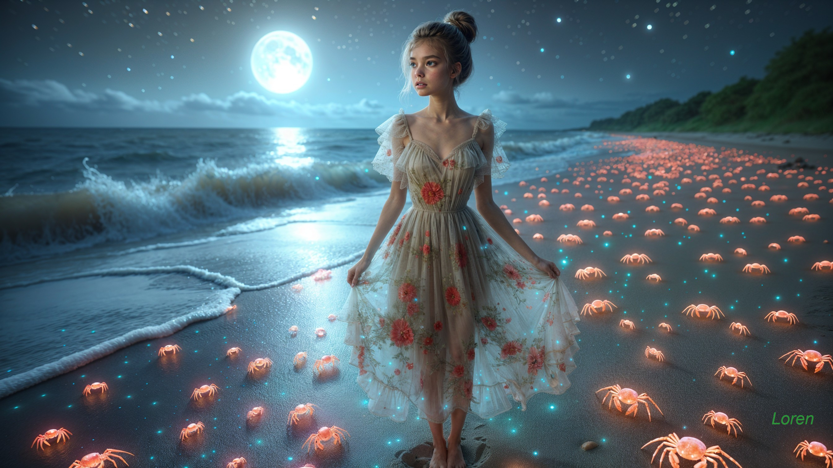 Serene Beach Scene with Moonlight and Glowing Crabs