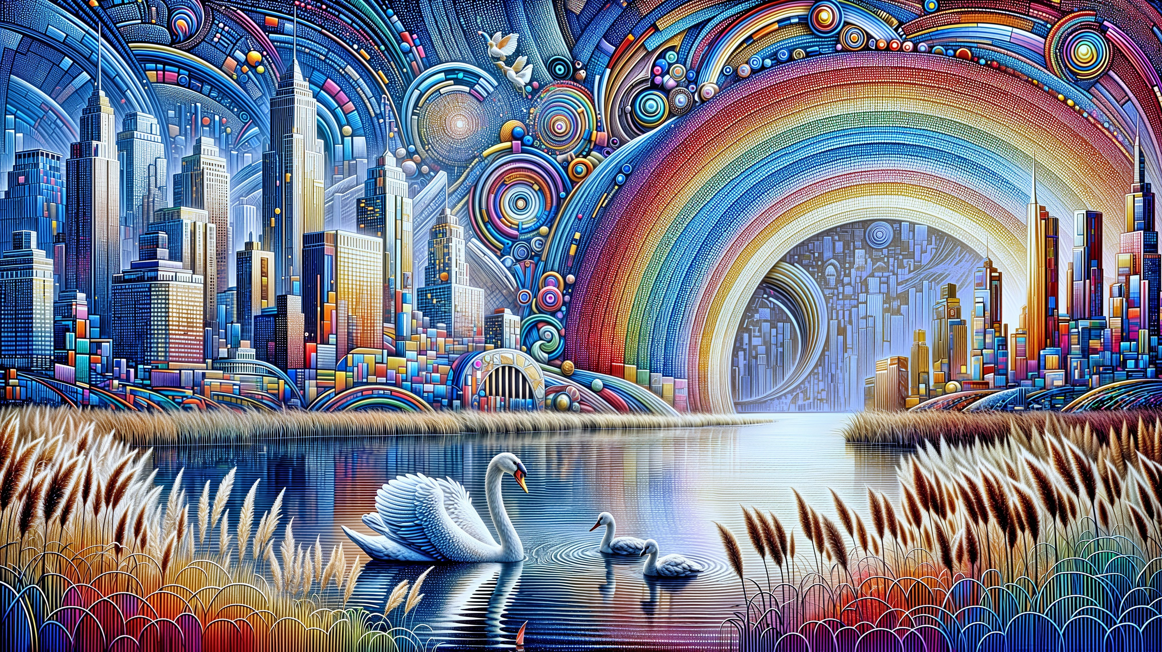 Vibrant Cityscape with Skyscrapers and Serene Lake