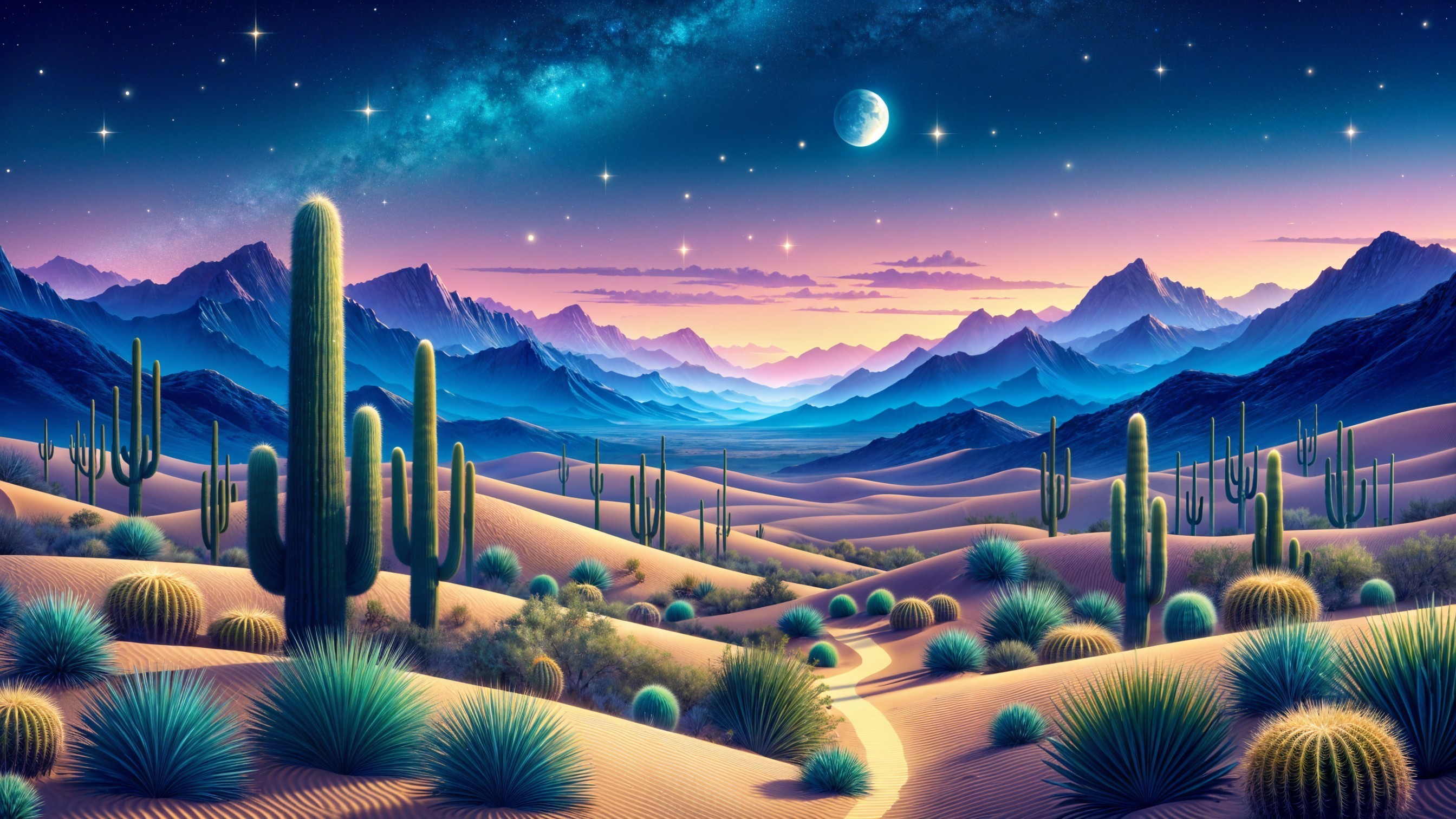 Tranquil Desert Landscape at Twilight with Cacti and Dunes