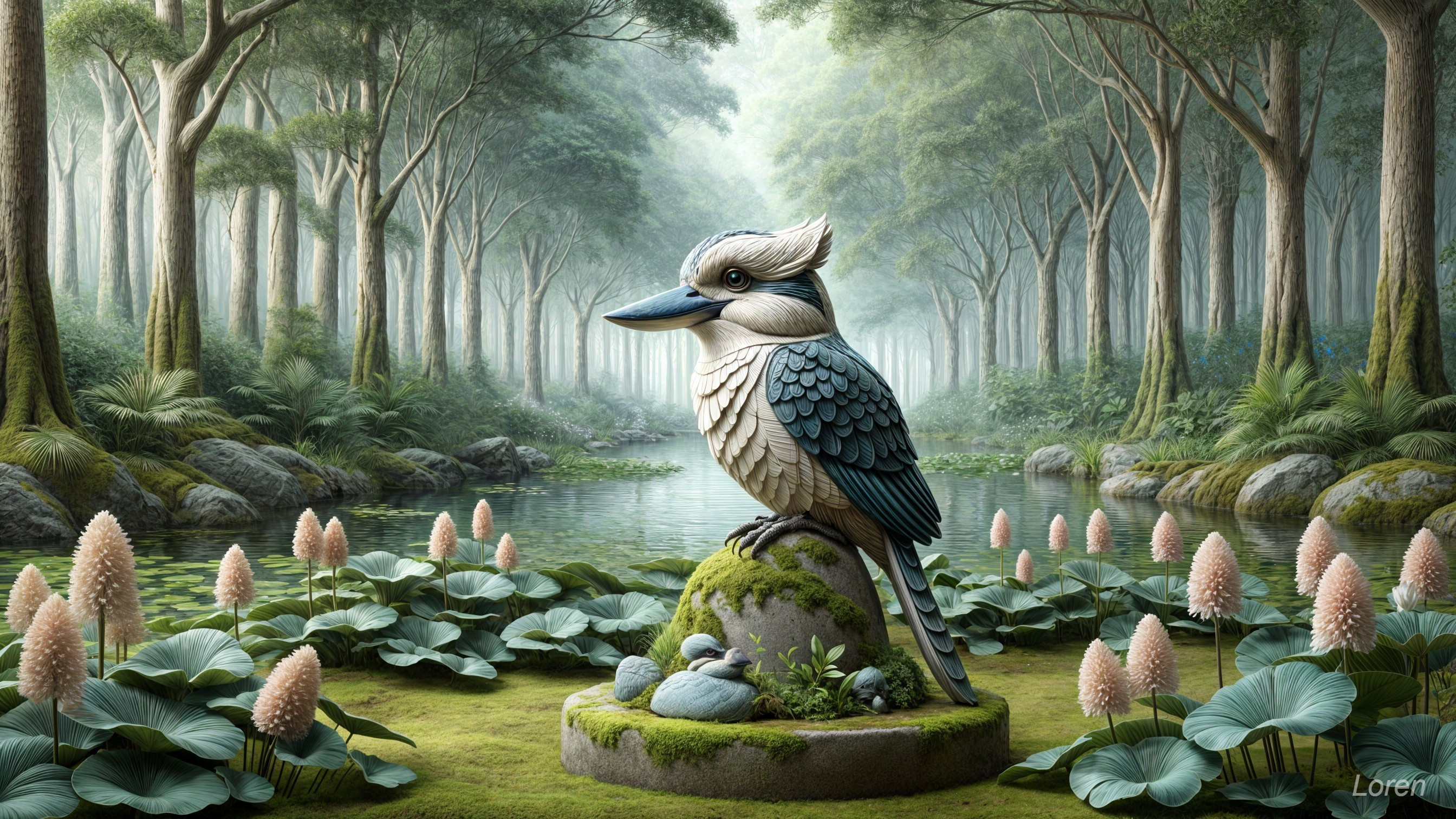 Bird on Mossy Stone in Serene Forest Setting