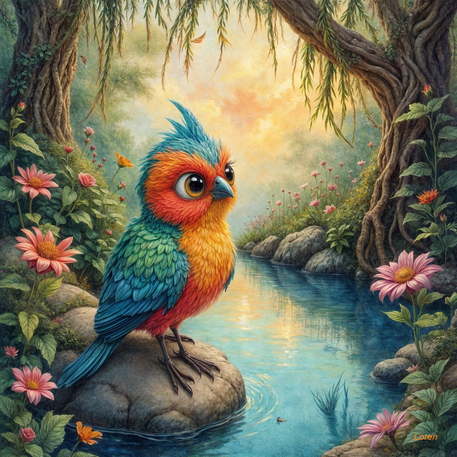 Colorful Bird by Serene River in Lush Foliage