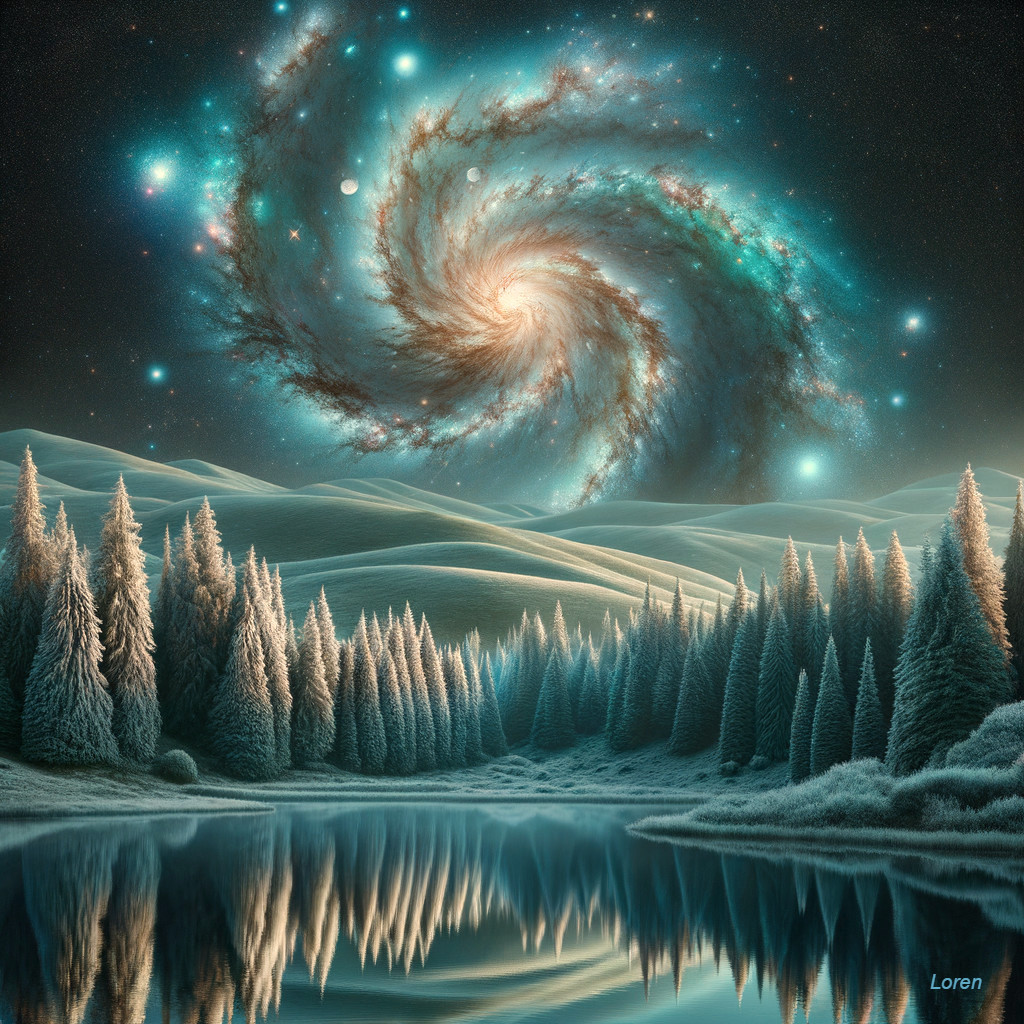 Vibrant Spiral Galaxy Over Tranquil Hills and Lake