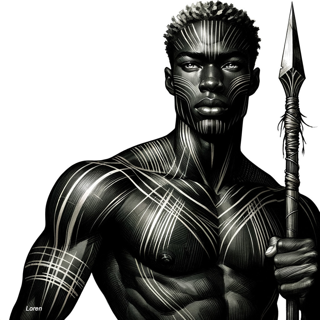 Muscular Figure with Tribal Body Paint and Spear