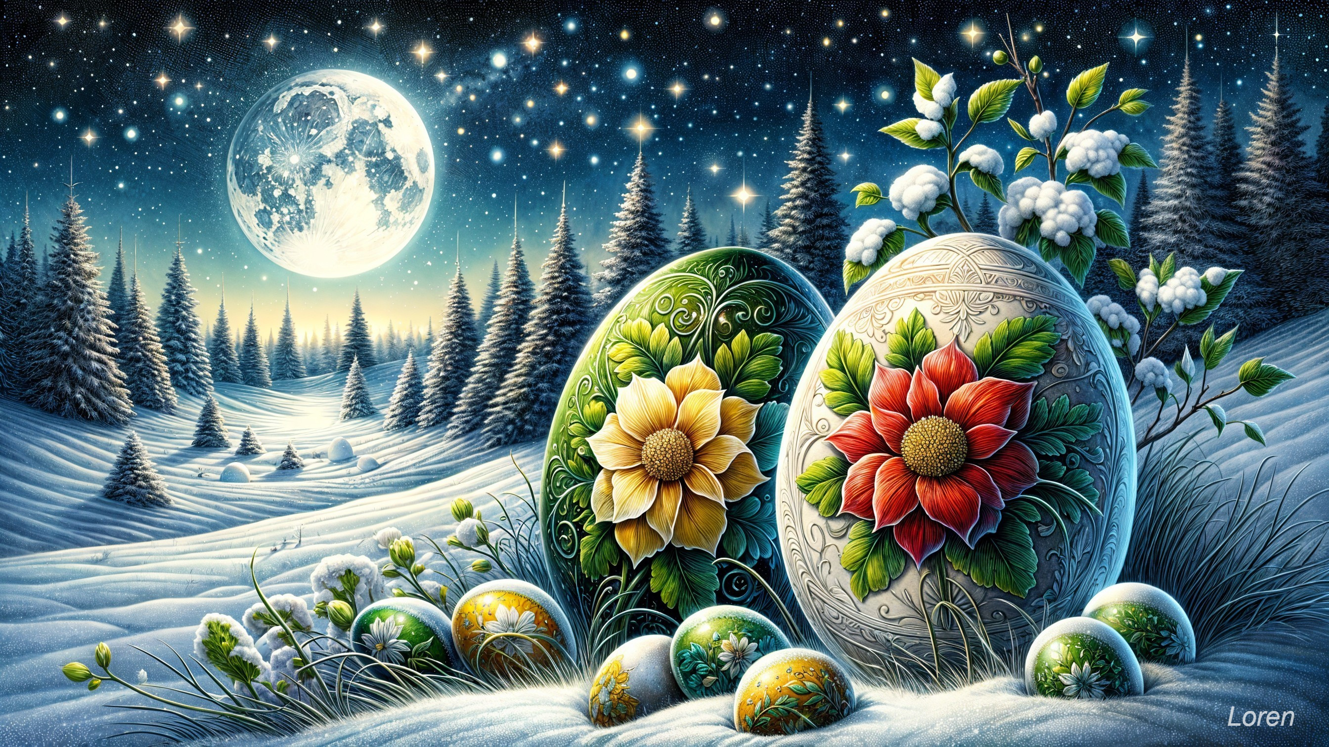 Decorated Eggs in a Winter Landscape with Moonlight