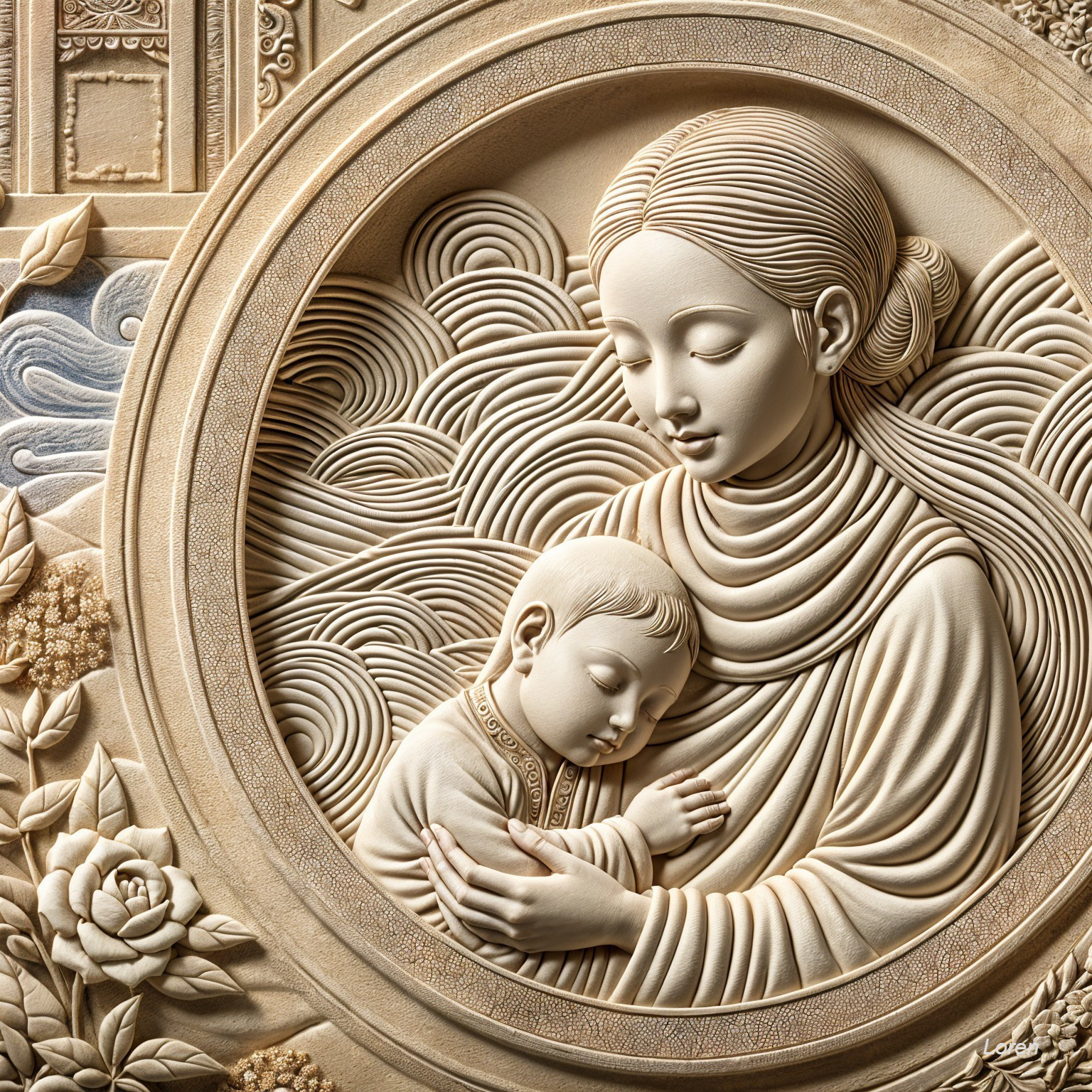 Intricate Bas-Relief Sculpture of Mother and Child