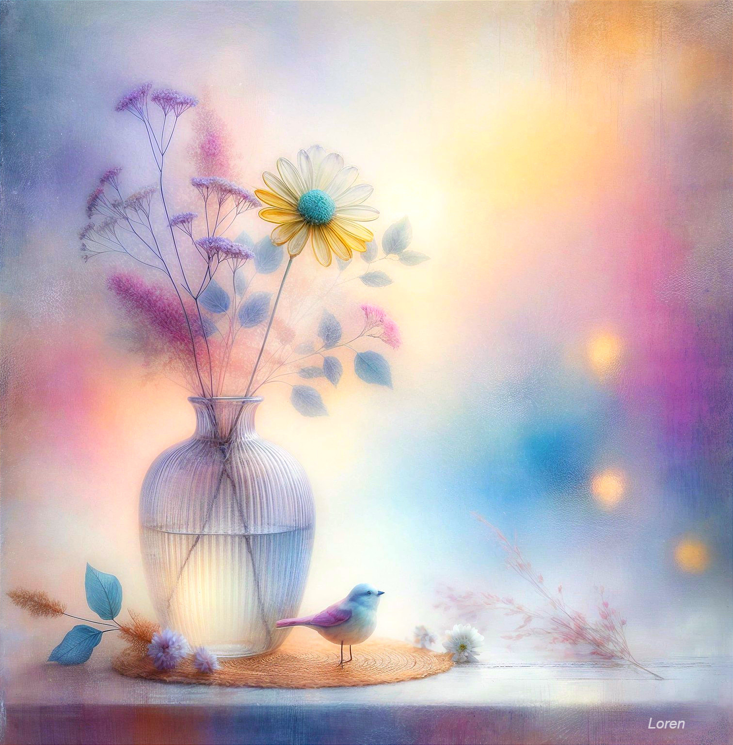 Delicate Still Life with Vibrant Flowers and Bird