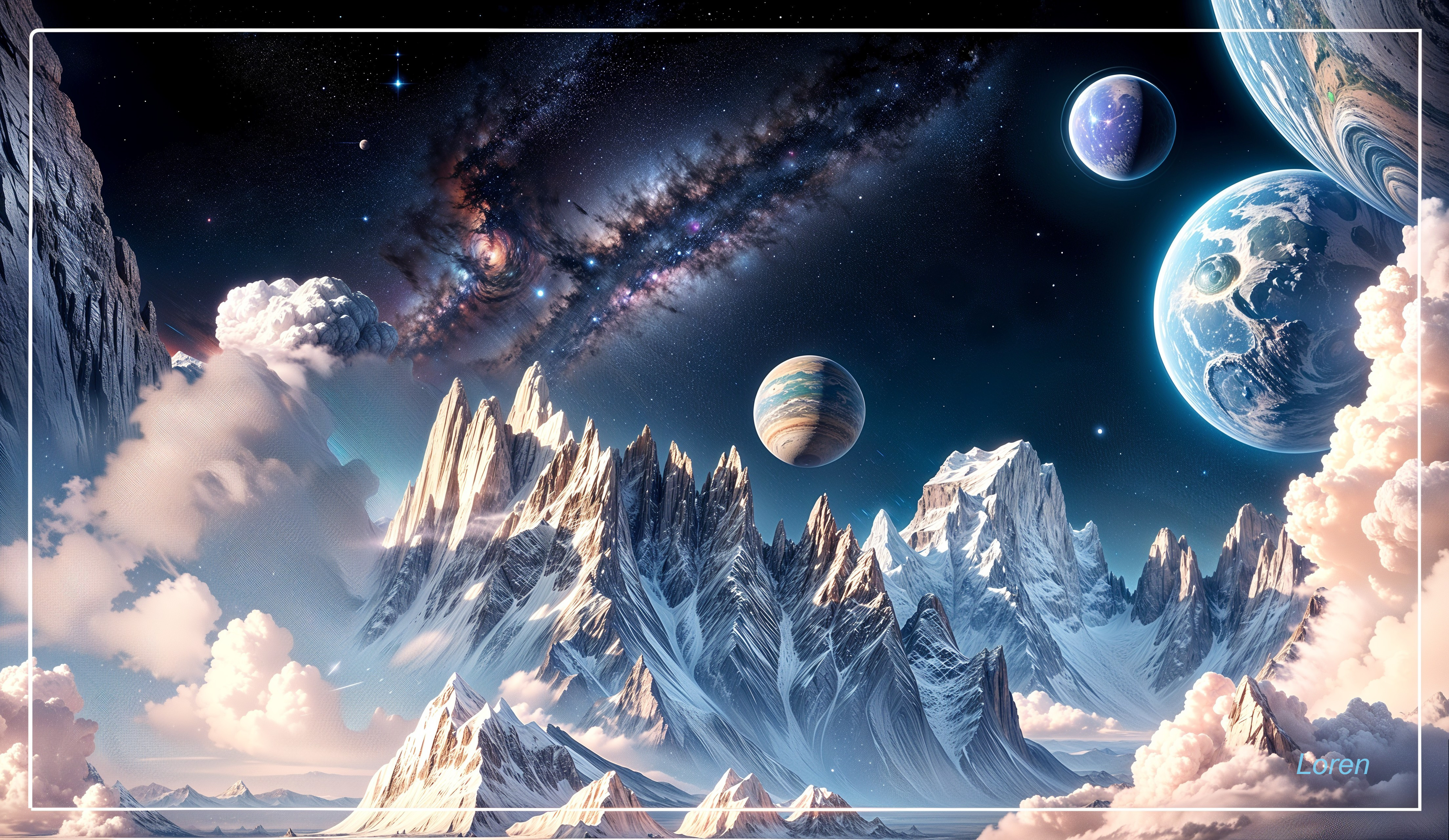 Cosmic Landscape with Mountains and Starry Sky