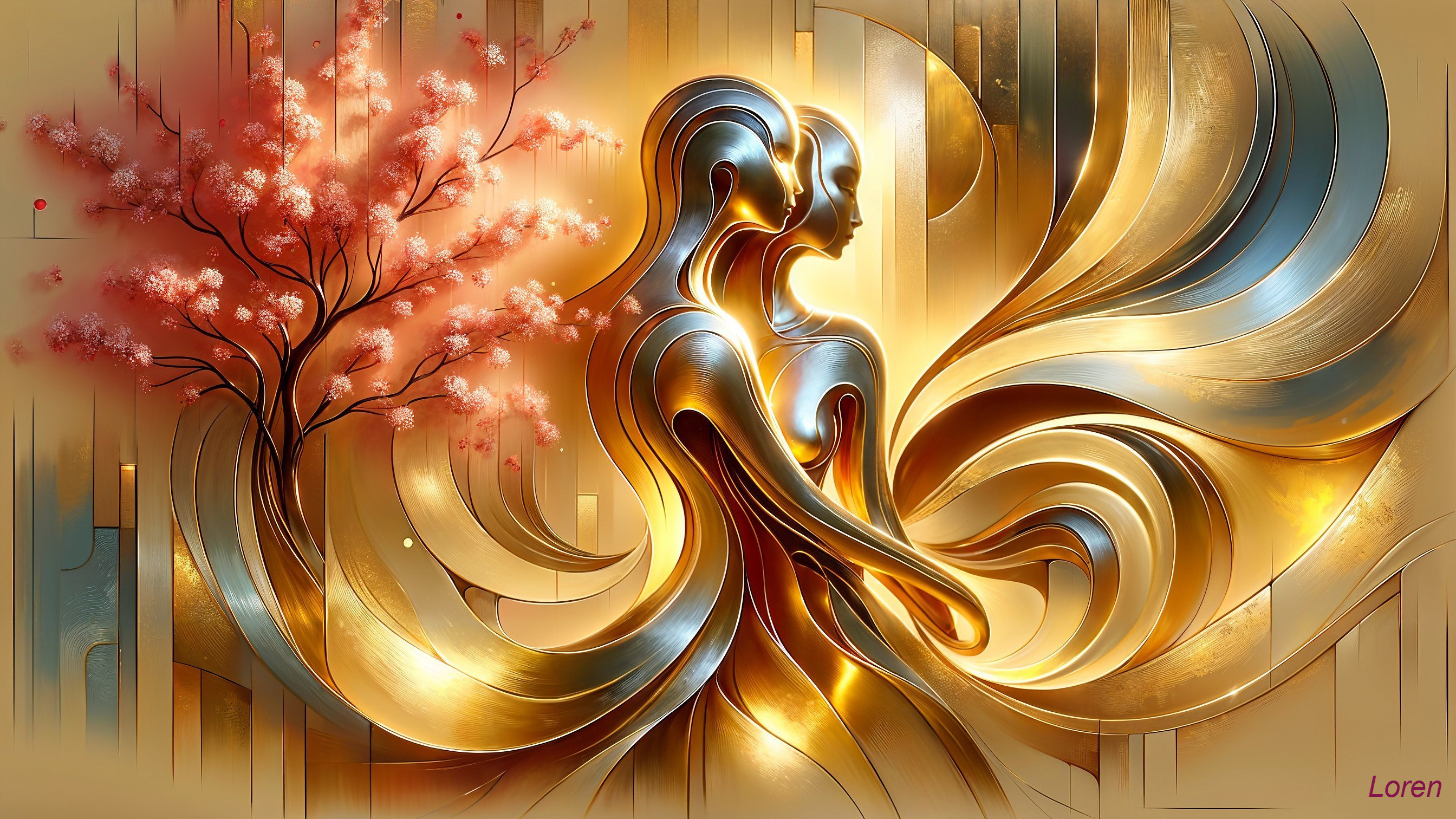 Abstract Artwork of Intertwined Figures and Cherry Blossoms