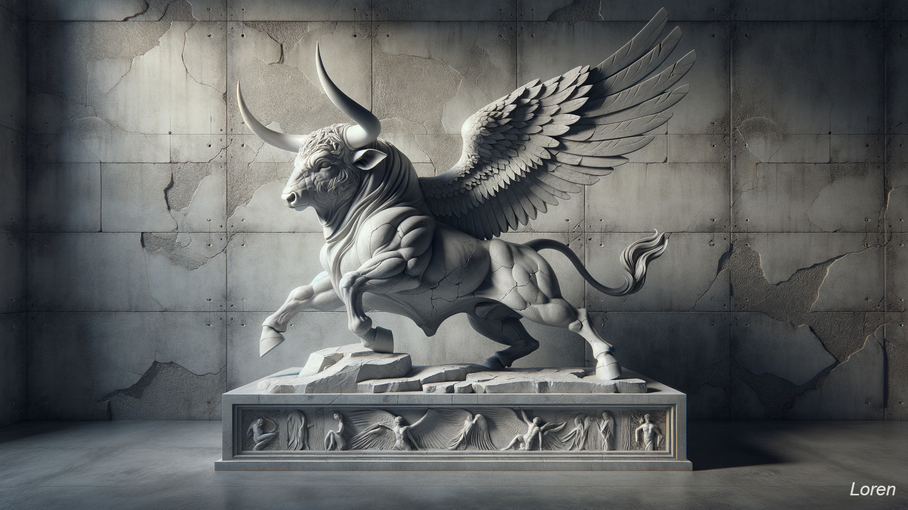 Winged Bull Sculpture with Intricate Stone Carvings