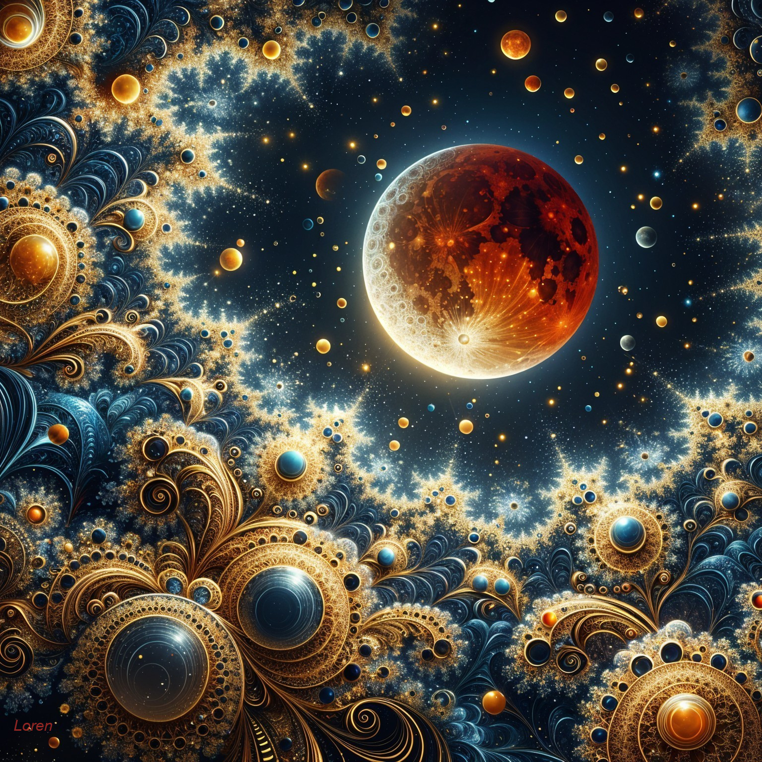 Cosmic Scene with Fractal Design and Luminous Moon