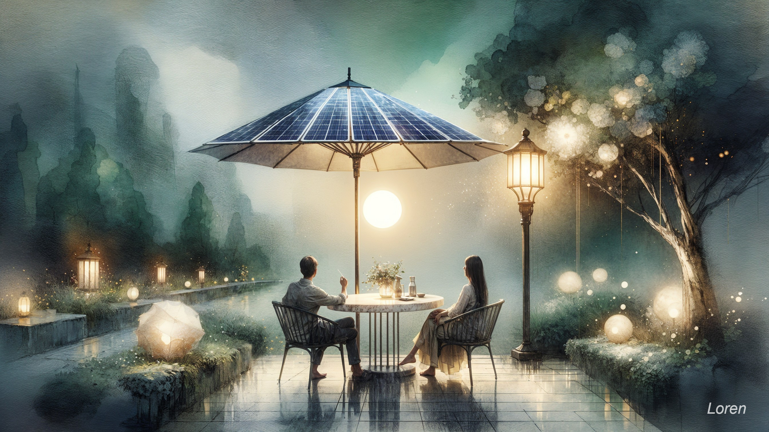 Couple Dining Under Solar Umbrella in Moonlit Garden