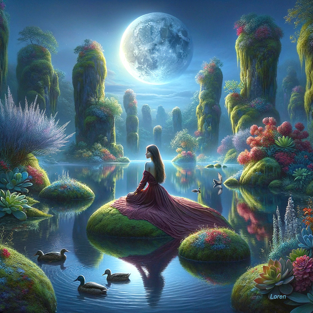 Moonlit Serenity: A Red Dress by the Pond