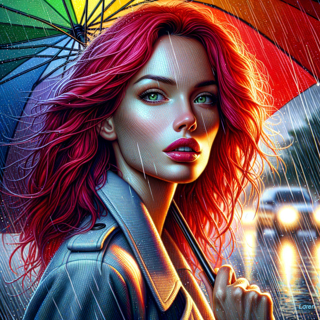 Portrait of a woman with pink hair and umbrella in rain