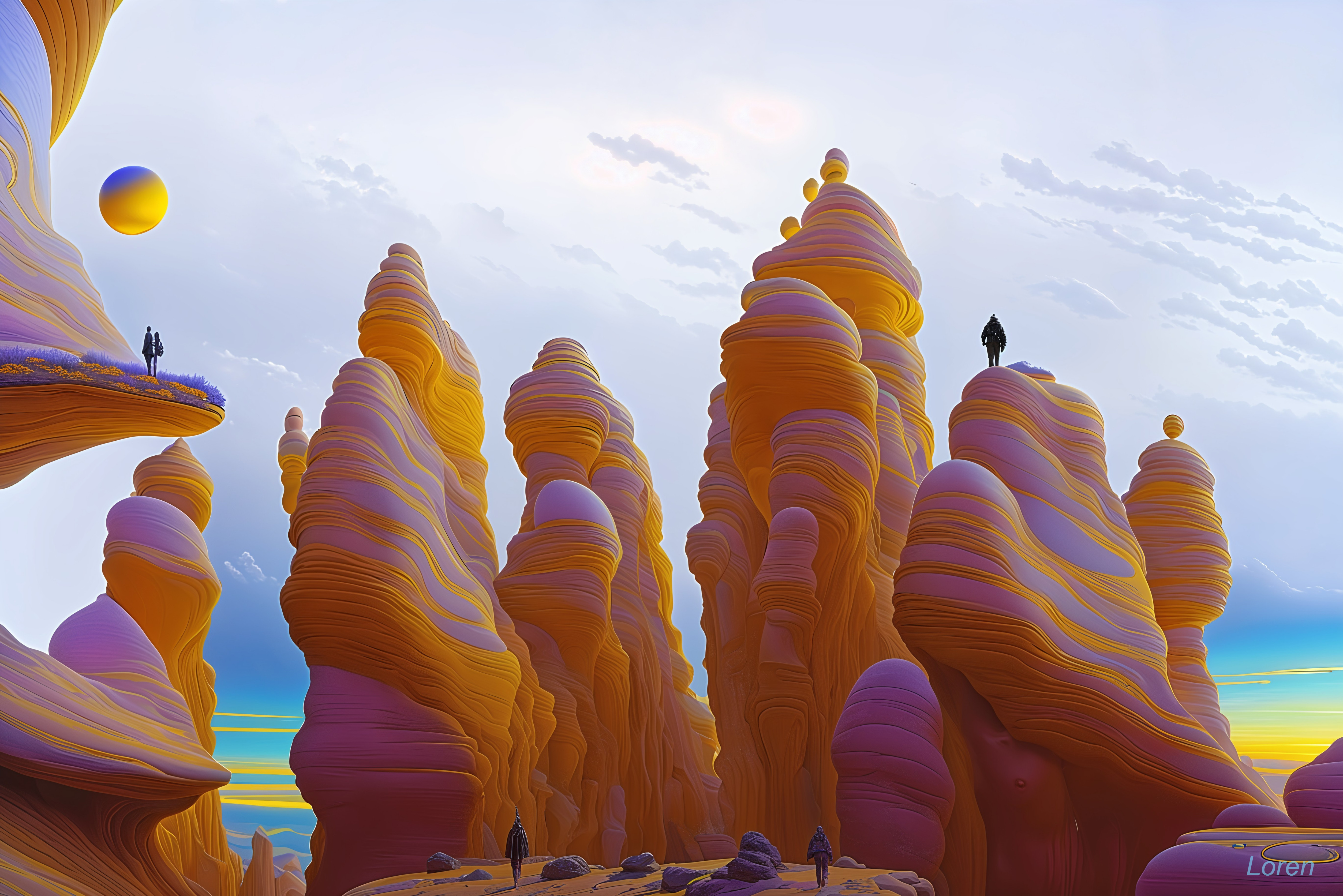 Surreal Landscape with Vibrant Rock Formations and Figures