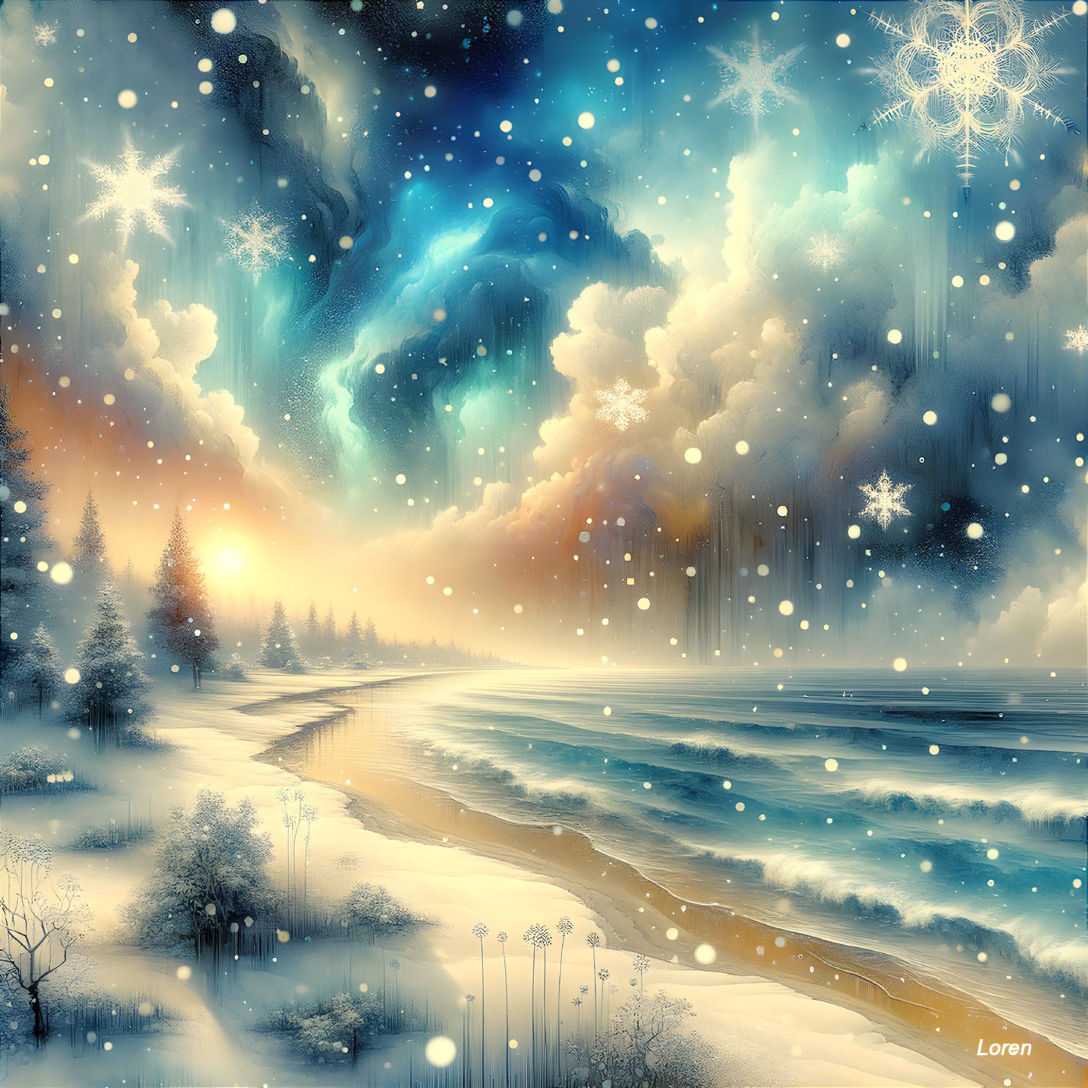 Winter Landscape with Beach and Snowy Sky