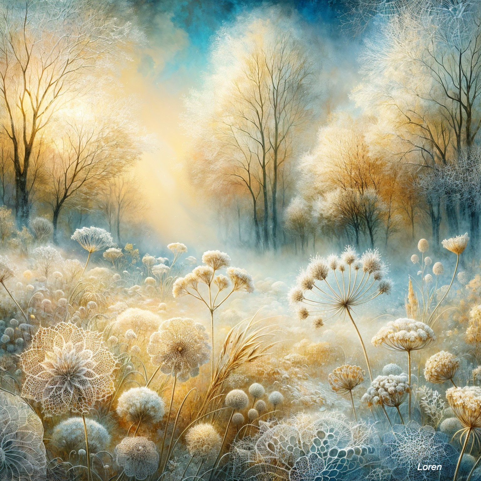 Serene Winter Landscape with Frosty Flowers and Light
