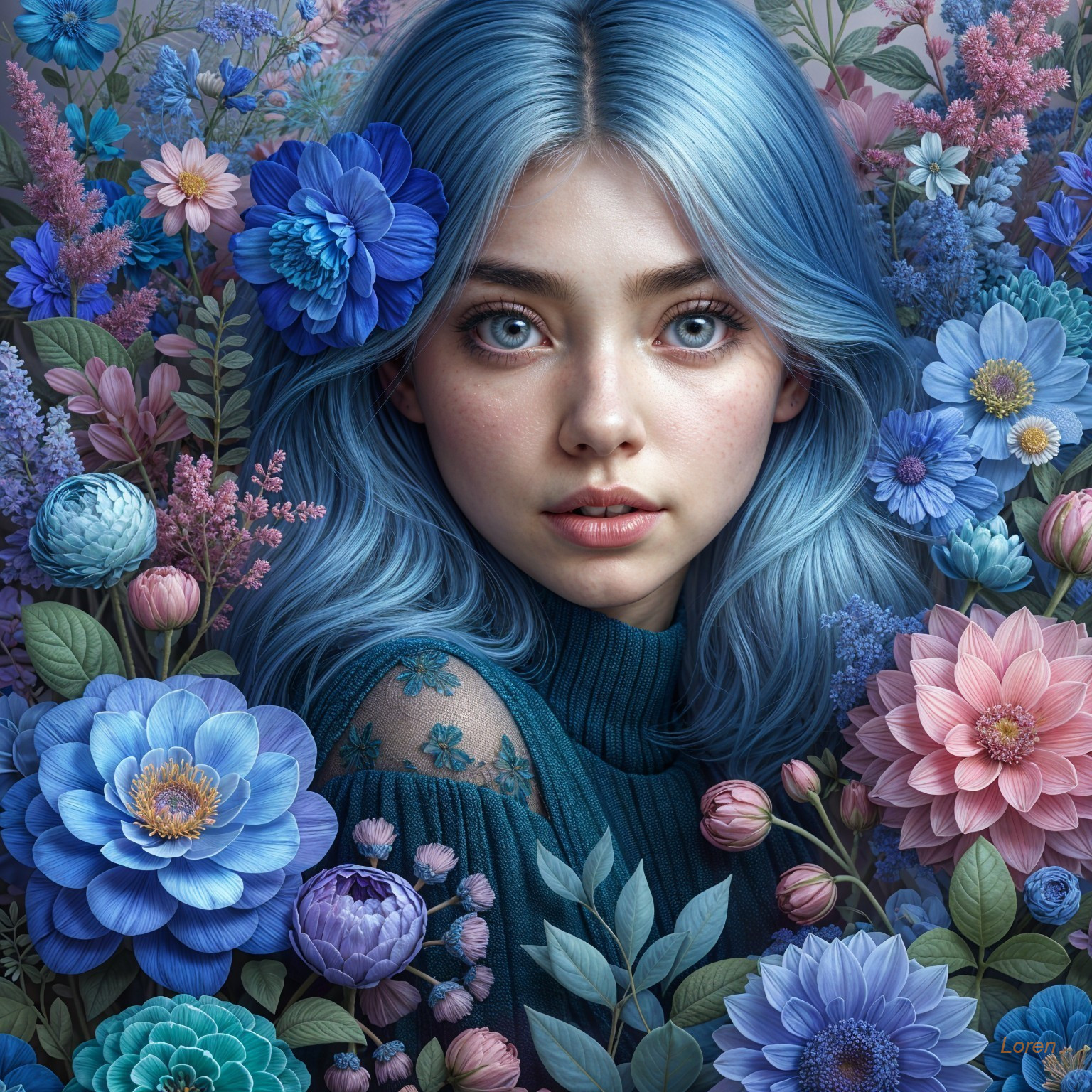 Young woman with blue hair among colorful flowers