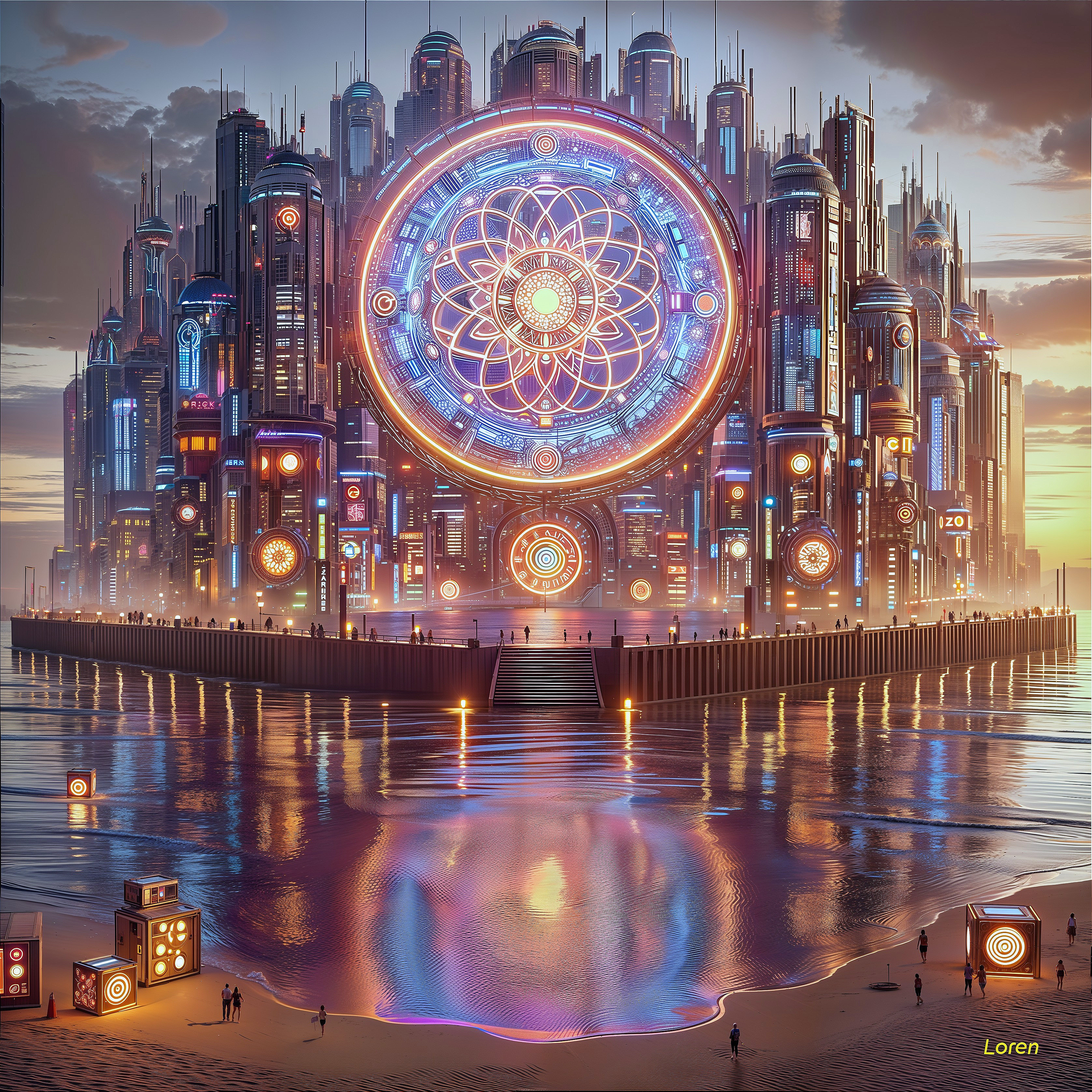 Futuristic cityscape at sunset with glowing skyscrapers