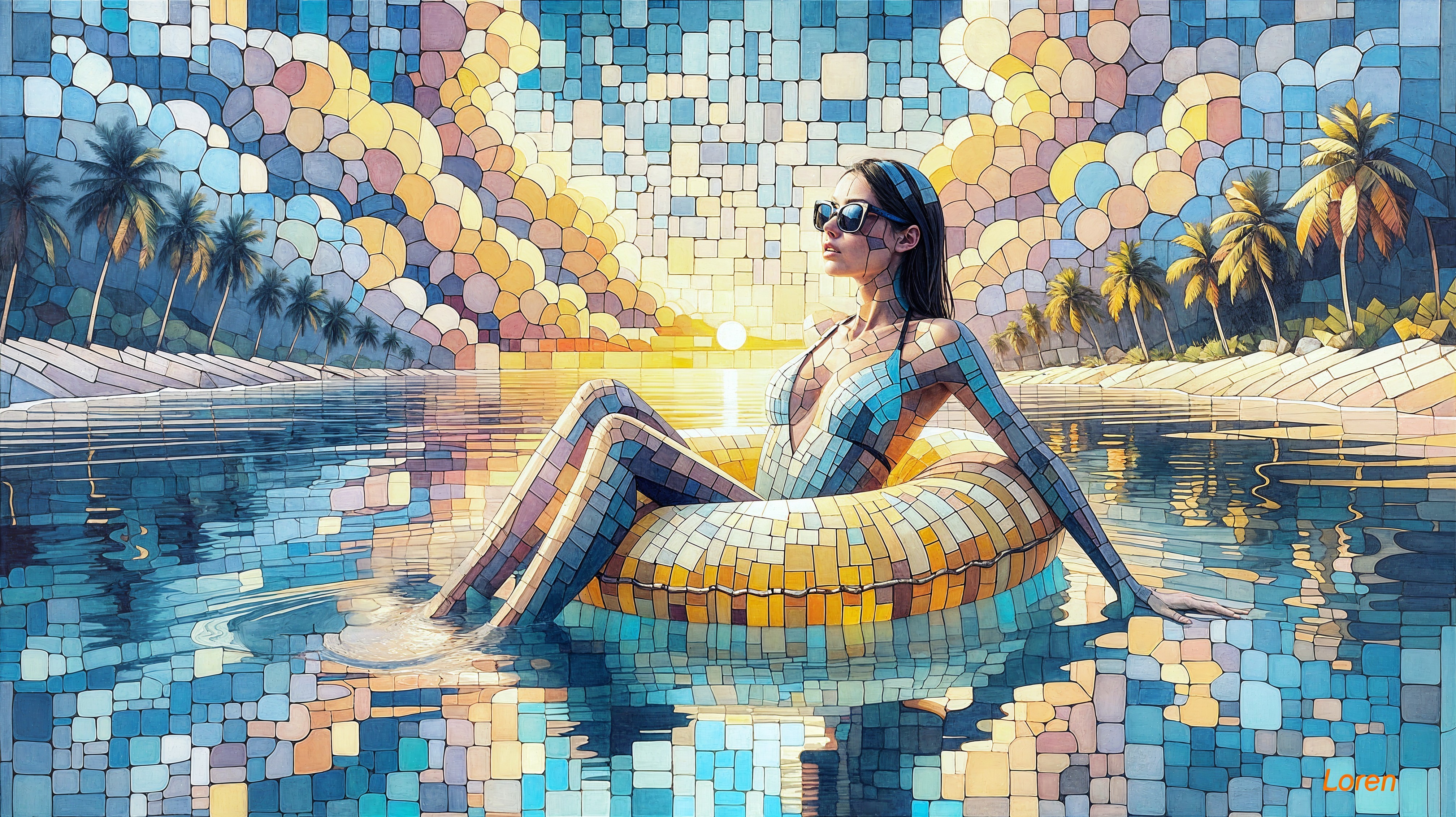 Mosaic Artwork of Woman on Inflatable Ring at Sunset