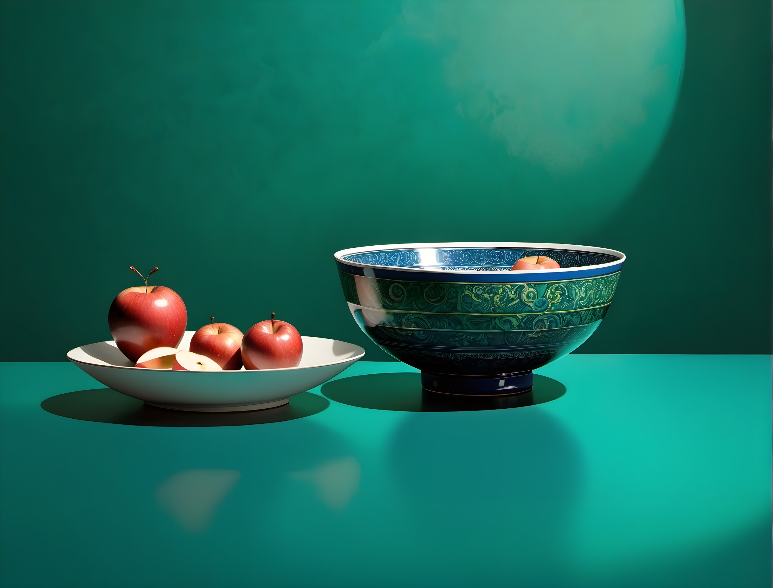 White Plate with Red Apples and Decorative Bowl on Green Background