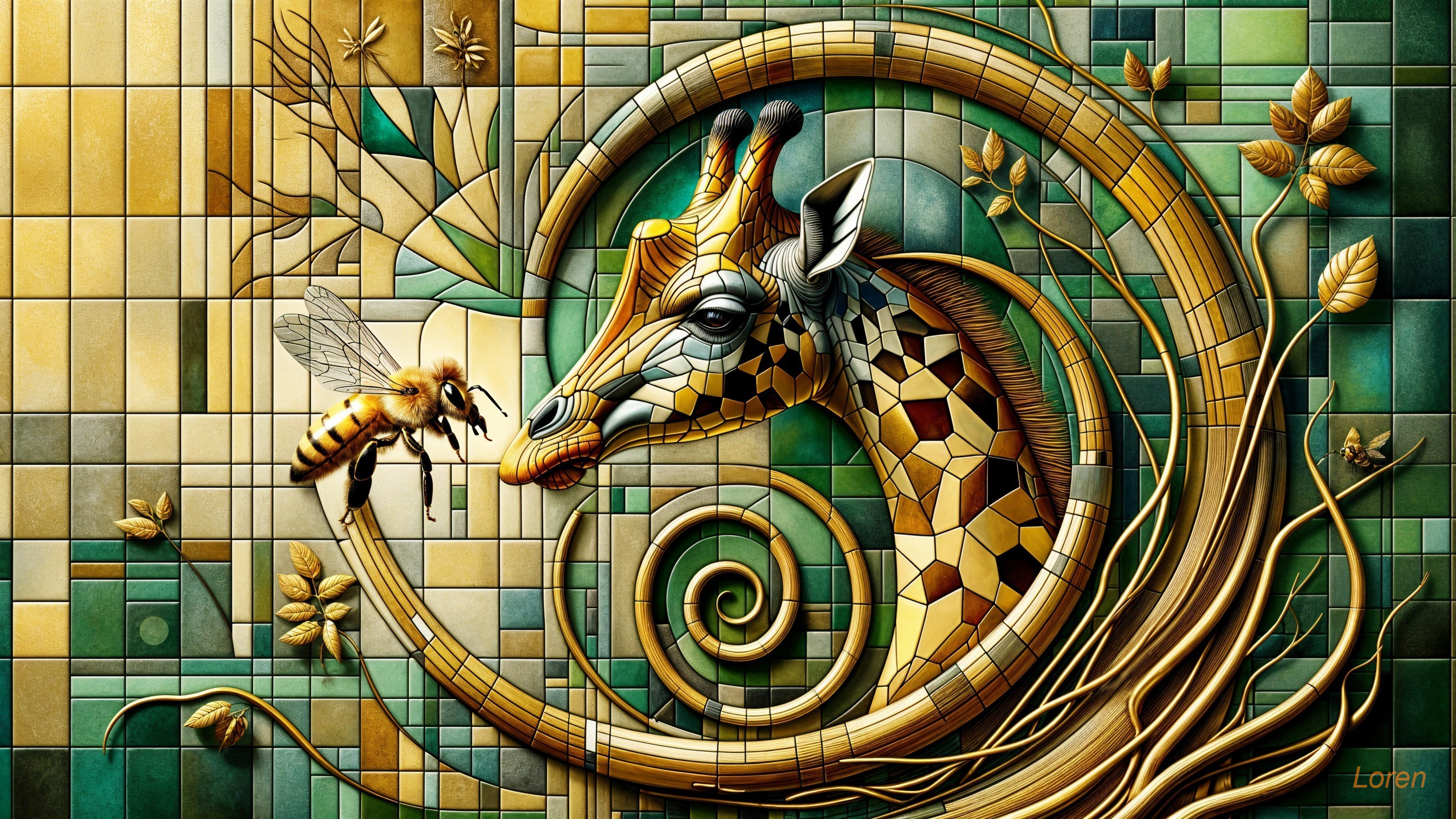 Stylized Giraffe Head in Vibrant Mosaic Background