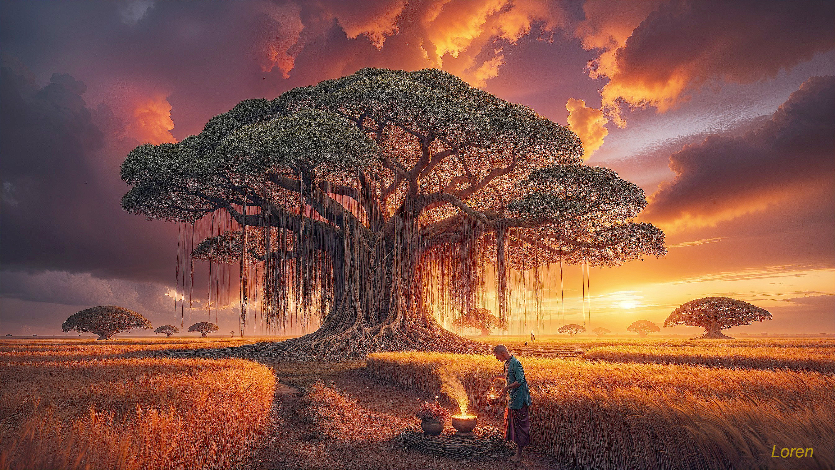 Majestic Tree and Serene Landscape at Sunset