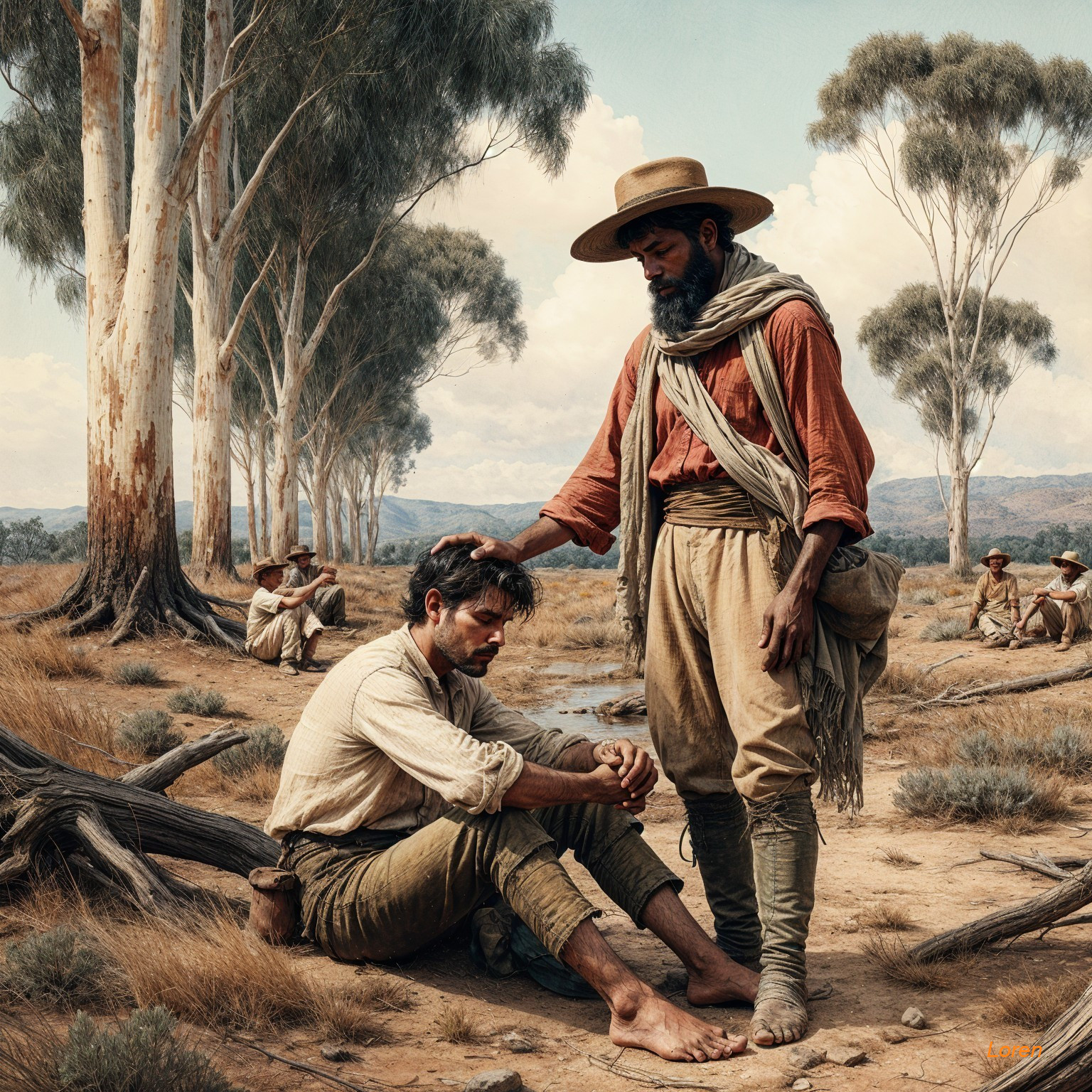 Men in Traditional Garments in Sunlit Landscape