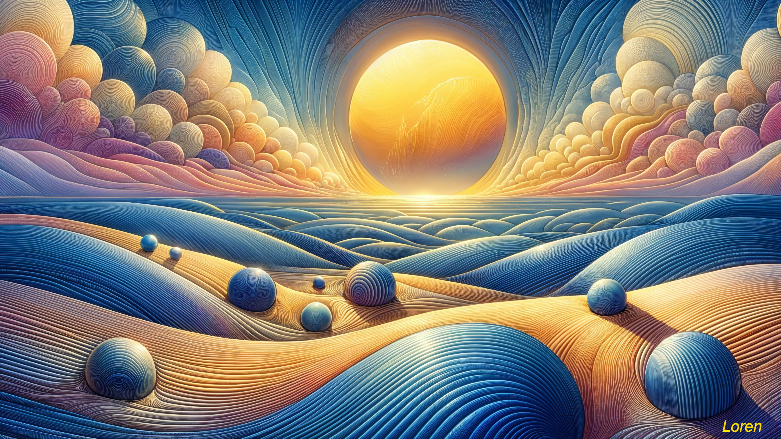 Surreal Landscape with Waves and Golden Sun