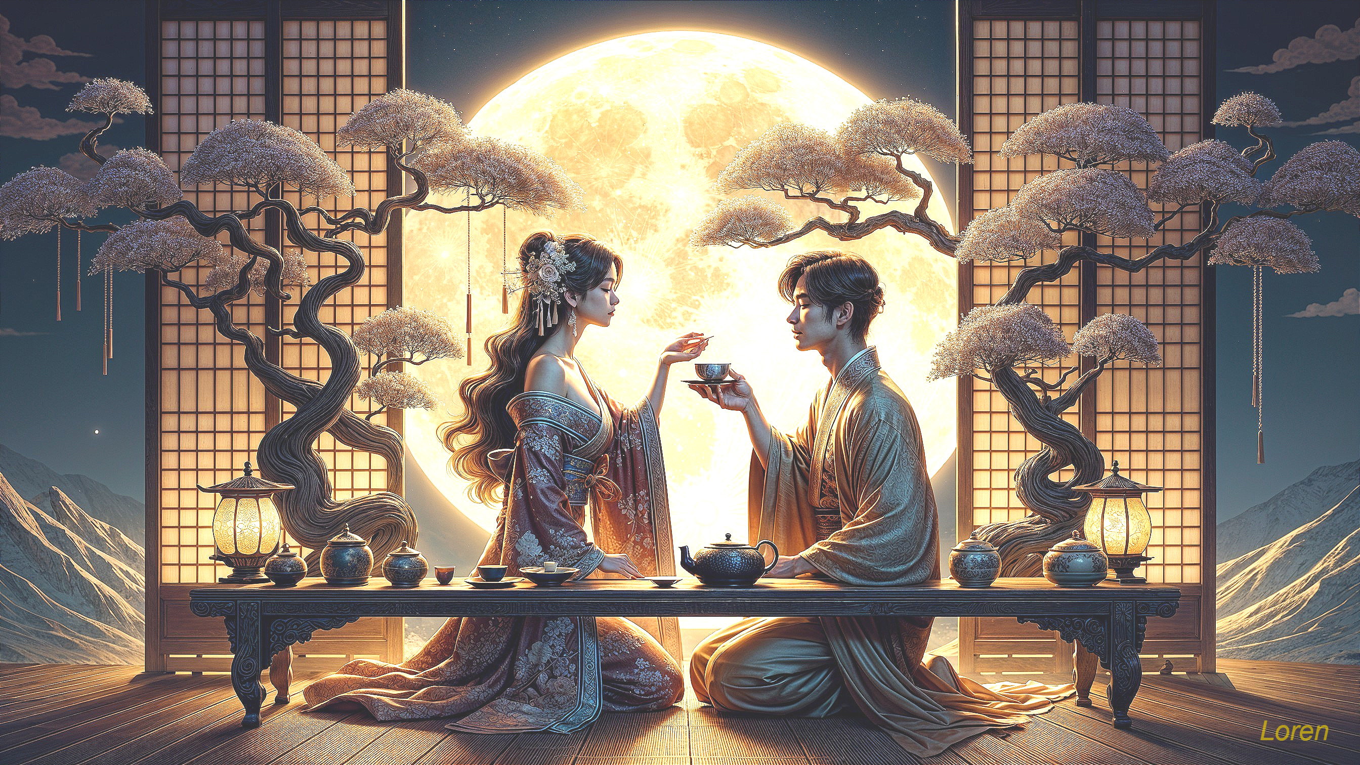 Couple Sharing Tea Under a Full Moon in Nature