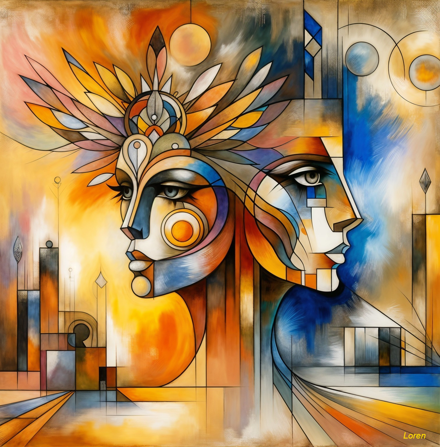 Abstract Composition of Dual Faces with Vibrant Colors