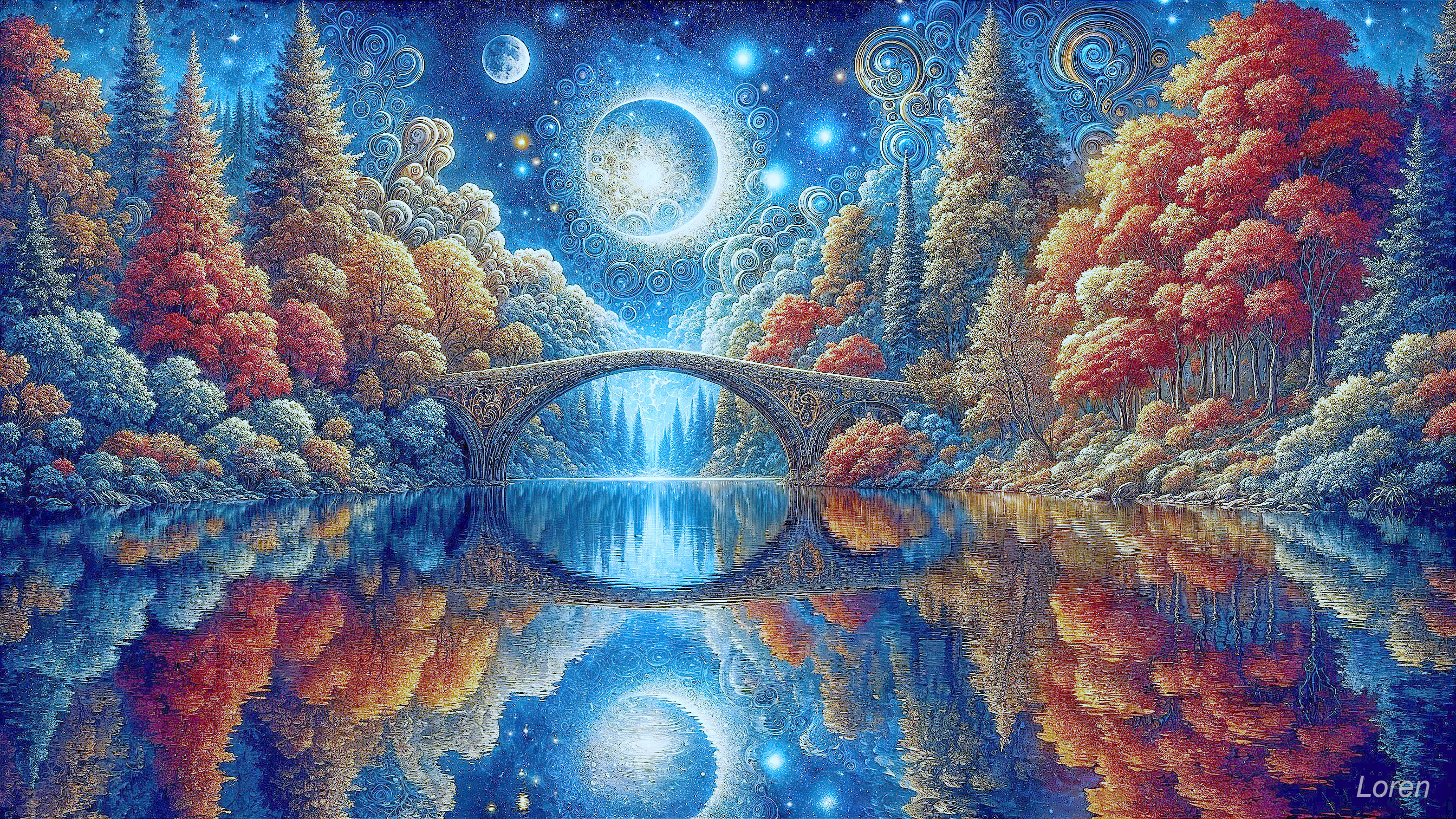 Surreal Landscape with Bridge Over Tranquil Lake