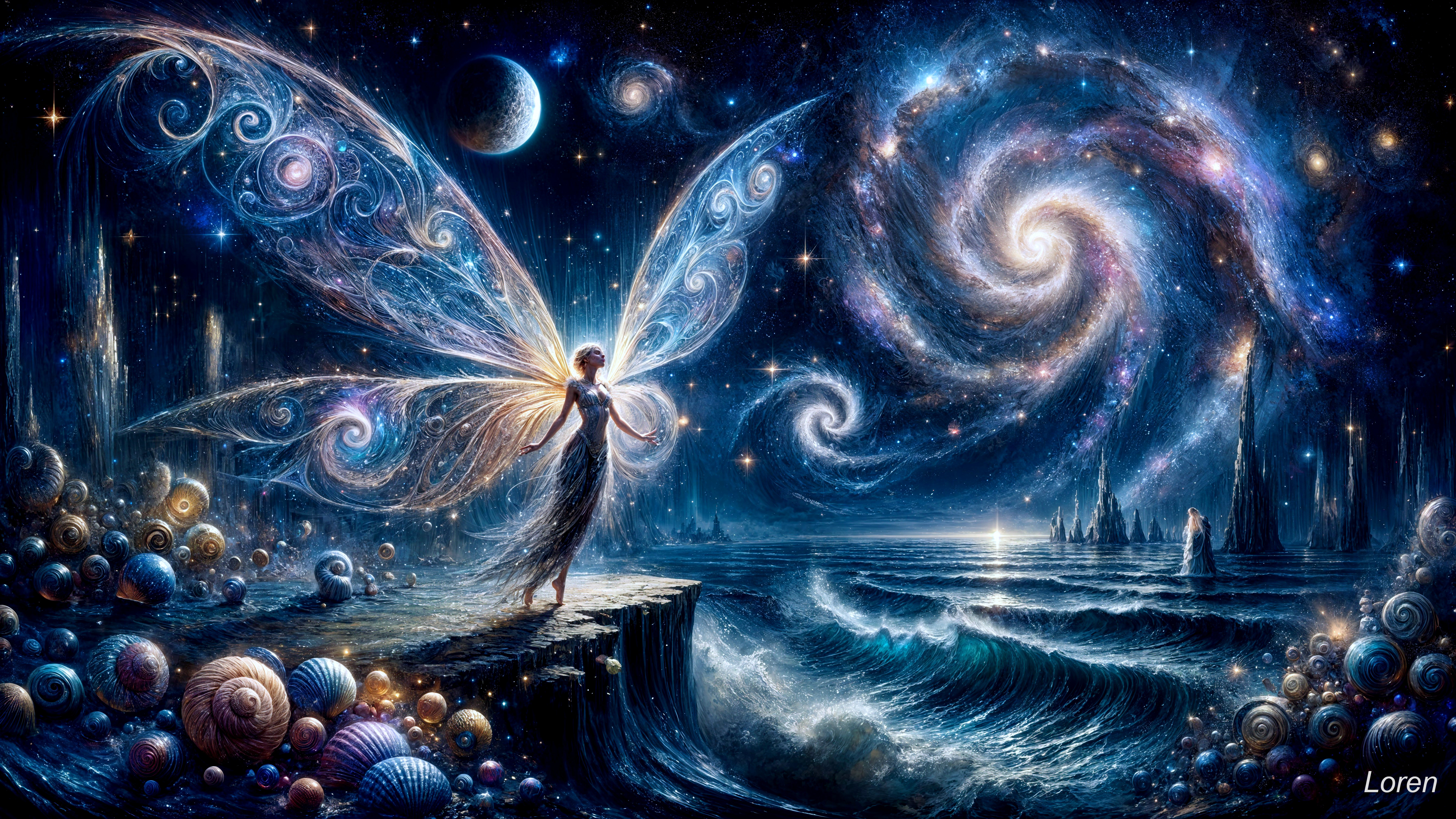Cosmic Fairy Scene with Glowing Wings and Stars