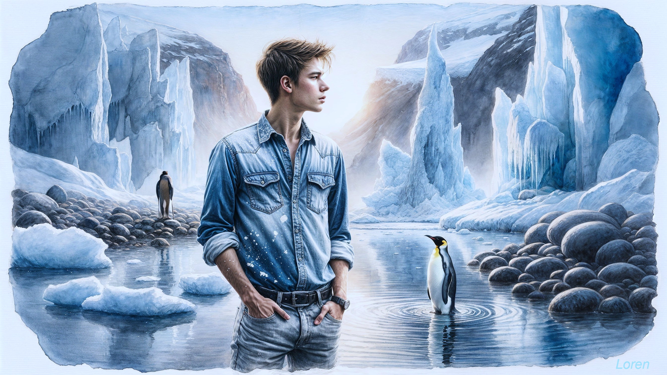 Young man in denim shirt at icy landscape with penguin