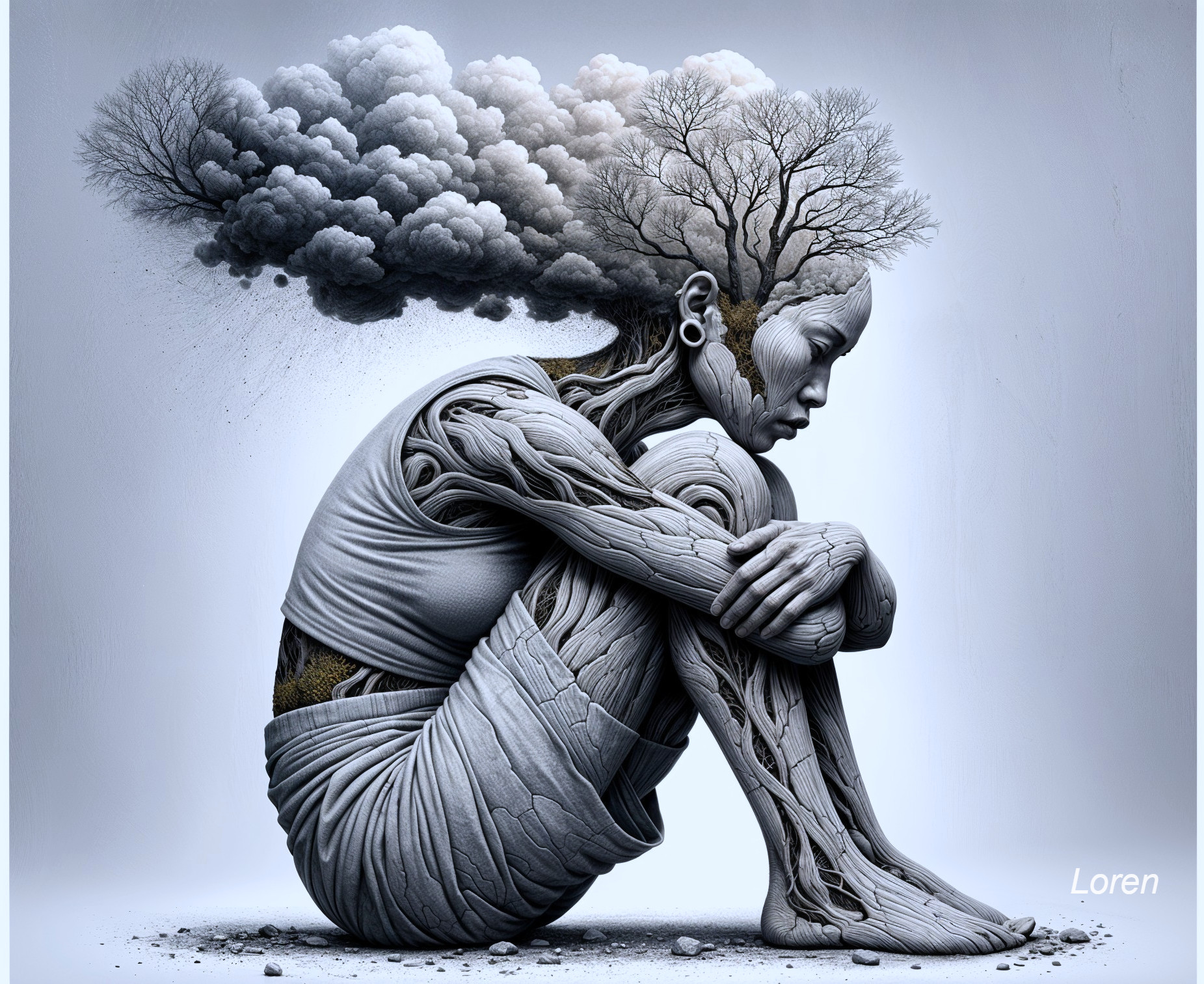 Surreal Human Figure Merging with Nature Elements