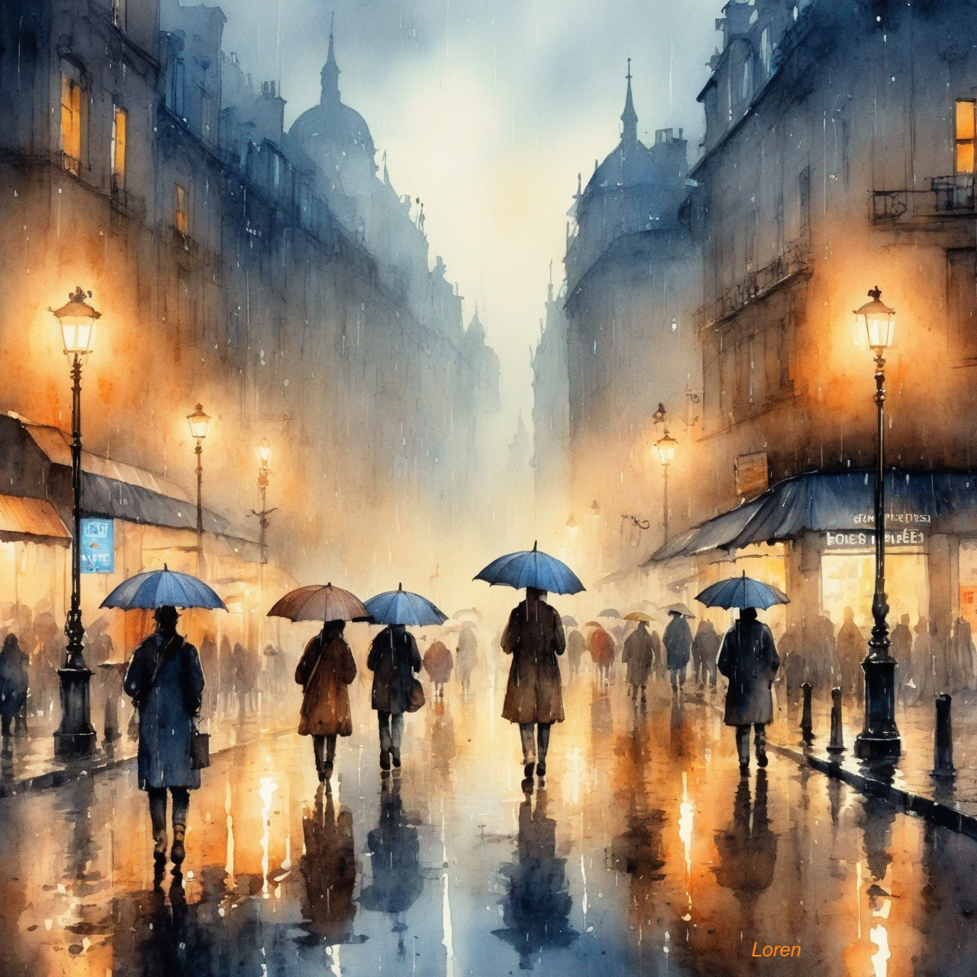 Moody Street Scene with Umbrellas and Rain Atmosphere