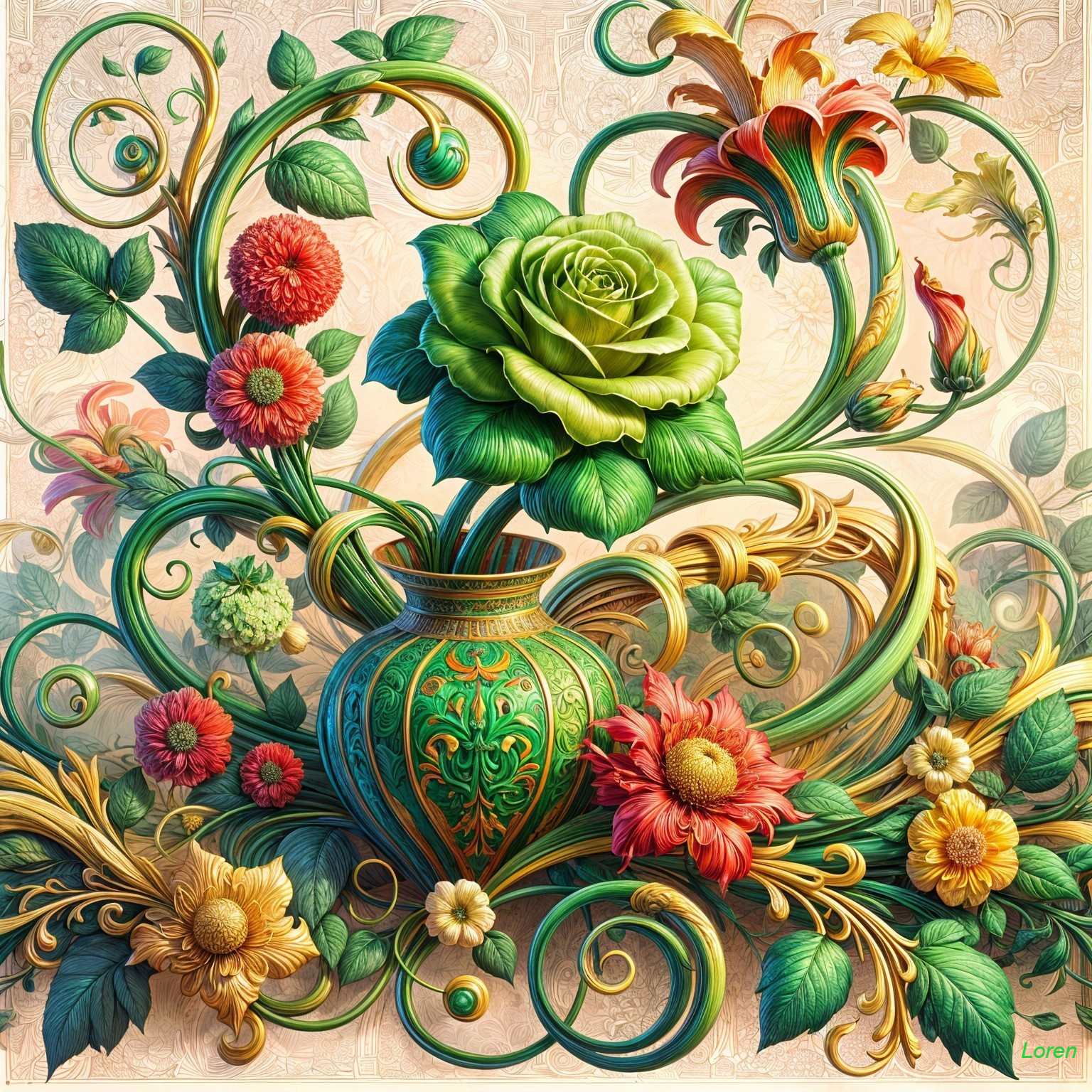 Intricate Floral Design with Green Rose and Vase