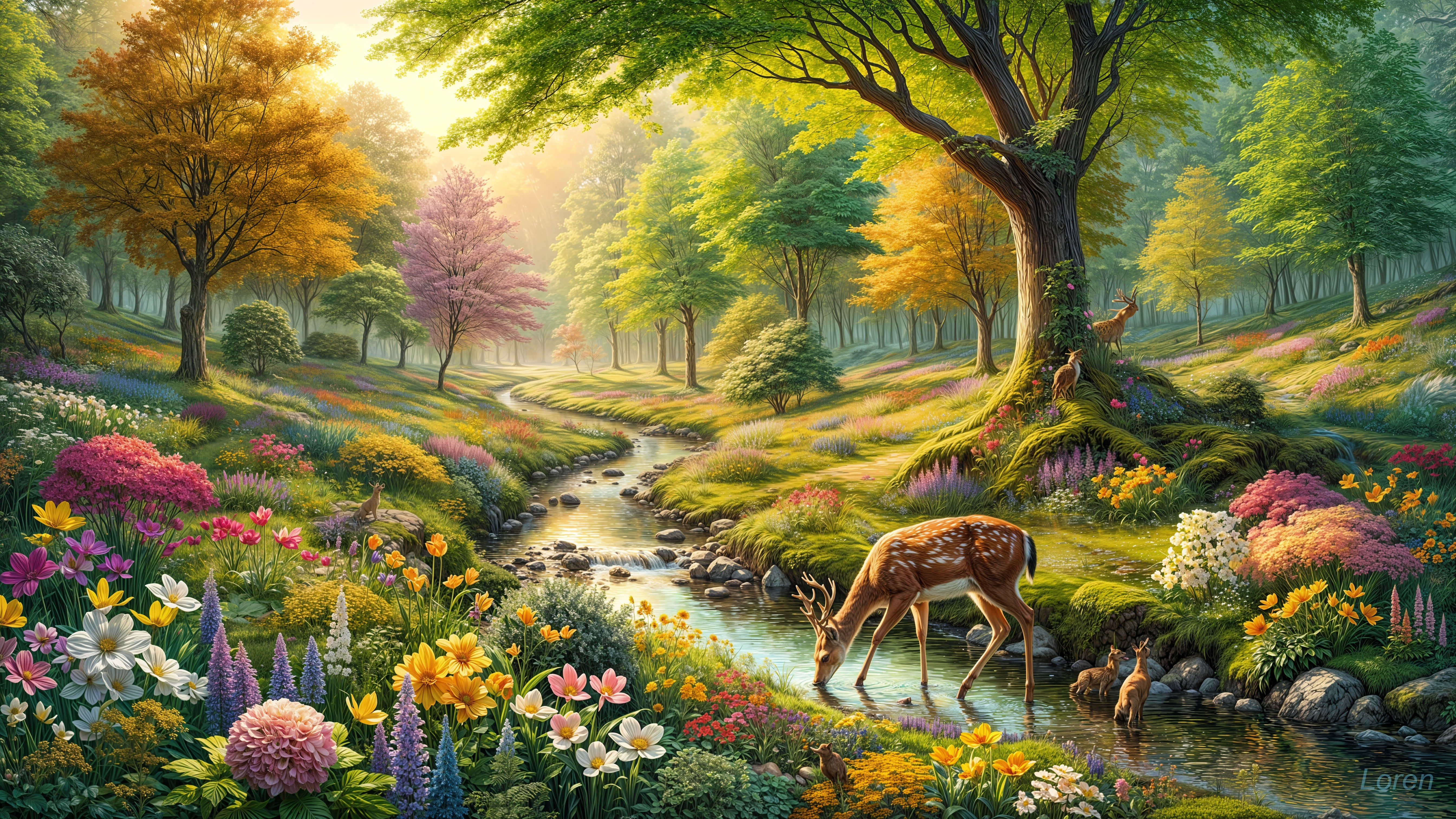 Vibrant Forest Landscape with Stream and Wildlife