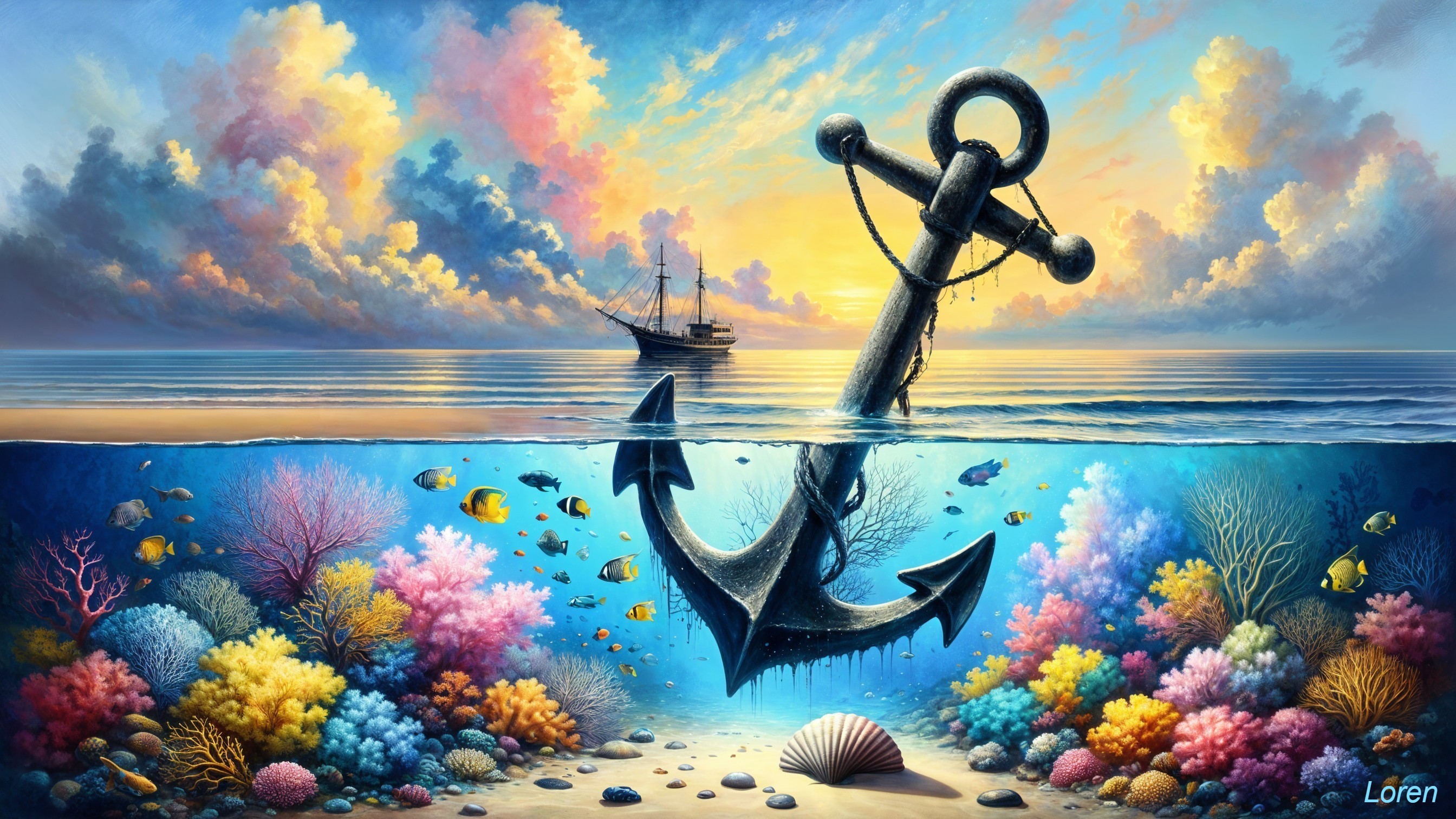 Vibrant Underwater World with Coral Reefs and Sunset